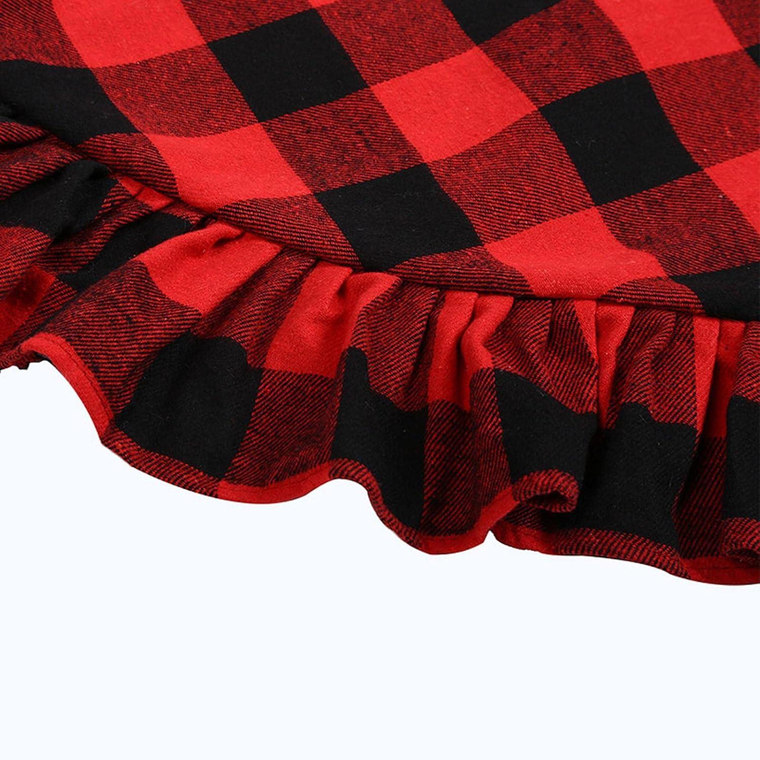 48-Inch Red and Black Buffalo Plaid Christmas Tree Skirt with Ruffle Edge