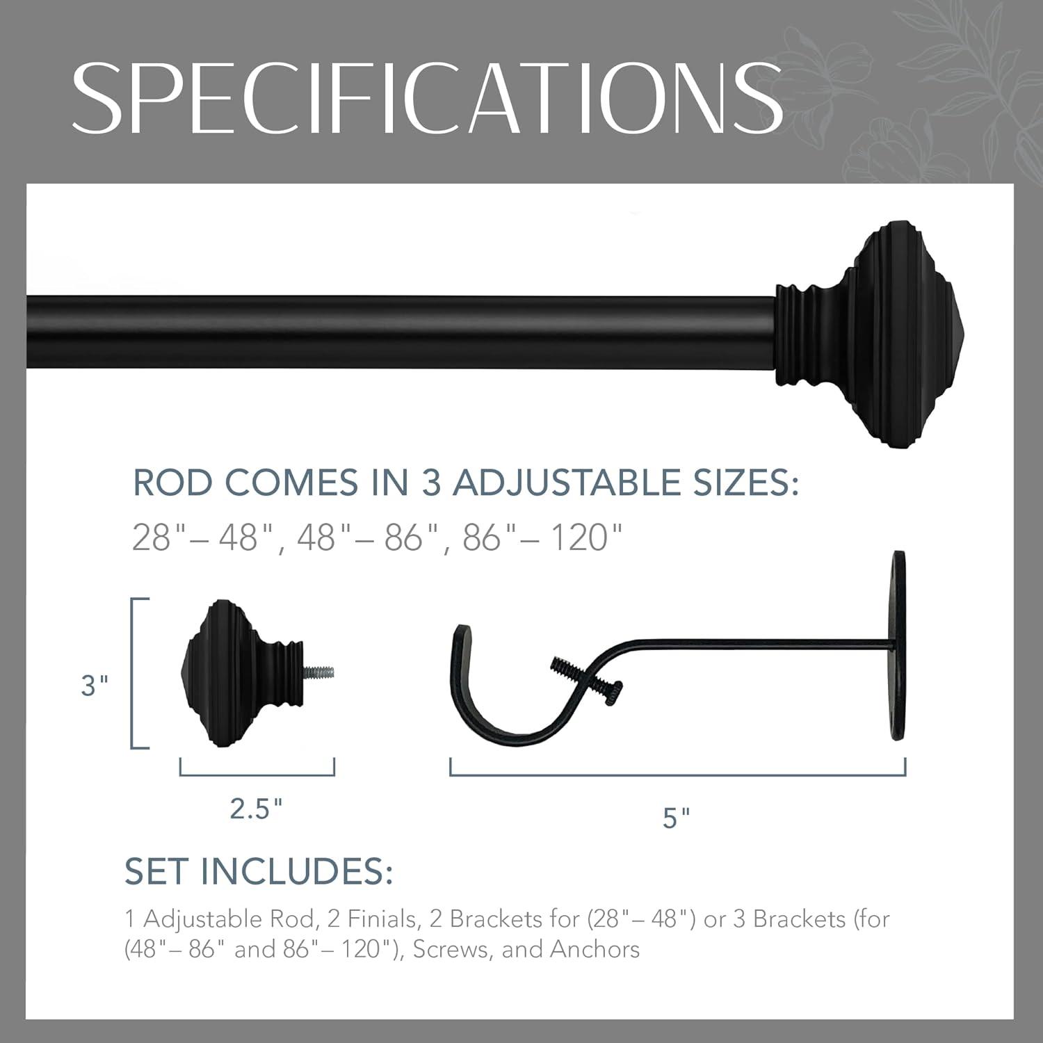 Florence 1" Window Drapery Single Curtain Rod with Stacked Square Finial - 28"-48" - Black - Elrene Home Fashions