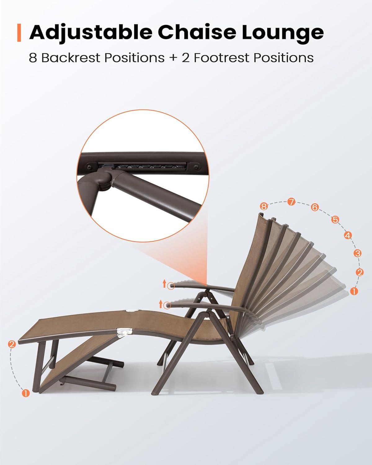 Pellebant Outdoor Chaise Lounge Aluminum Patio Folding Chair,Brown