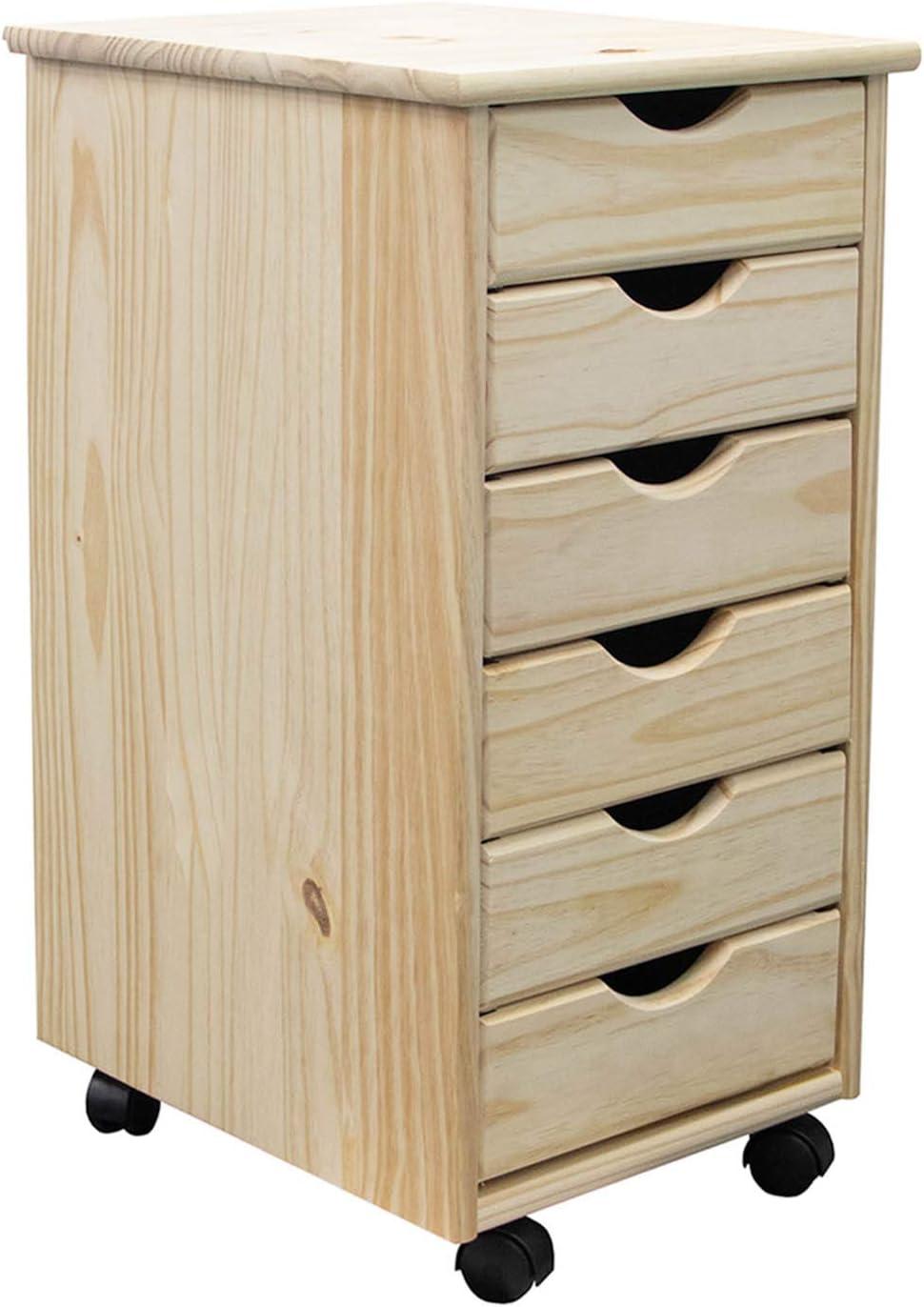 Unfinished Solid Wood 6-Drawer Rolling Storage Cart