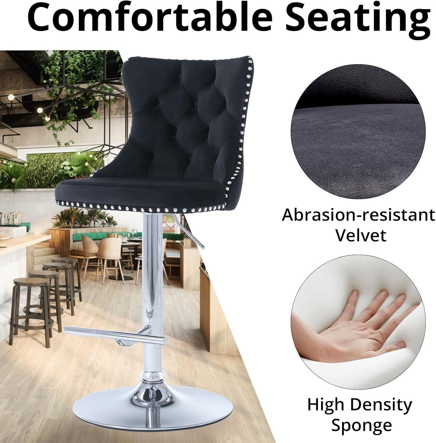 Swivel Barstools with High Back, 2pcs Velvet Bar Chairs with Button Tufted and Nailheads Trim, Counter Height Bar Stools for Home Bar Kitchen Island Cafe,Adjusatble Seat Height, Black+Silver