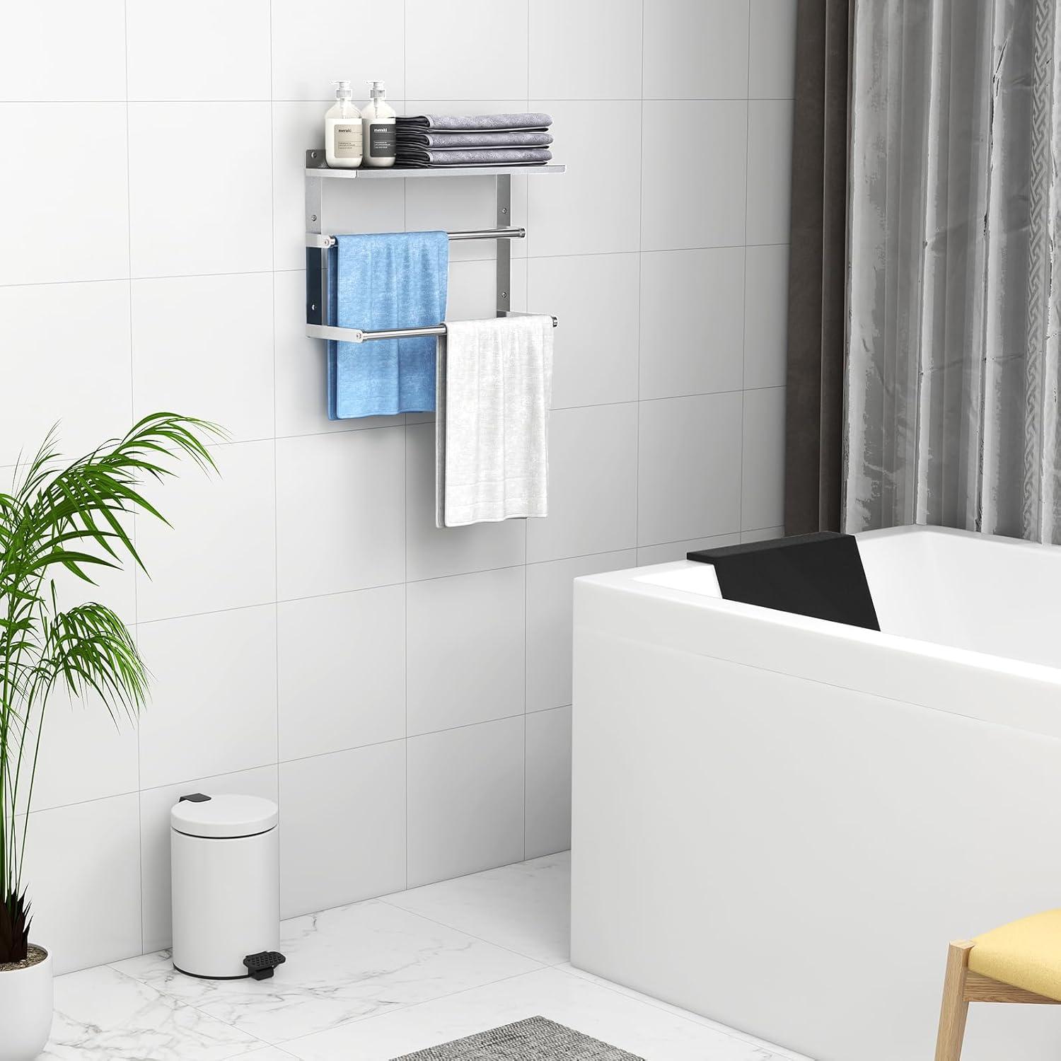 Towel Racks for Bathroom 3-Tier, 16.5" Hotel Towel Shelf with Double Towel Bar, Brushed Nickel Towel Rack Wall Mounted Stainless Steel Bathroom Towel Shelves Towel Holder for Bathroom Lavatory