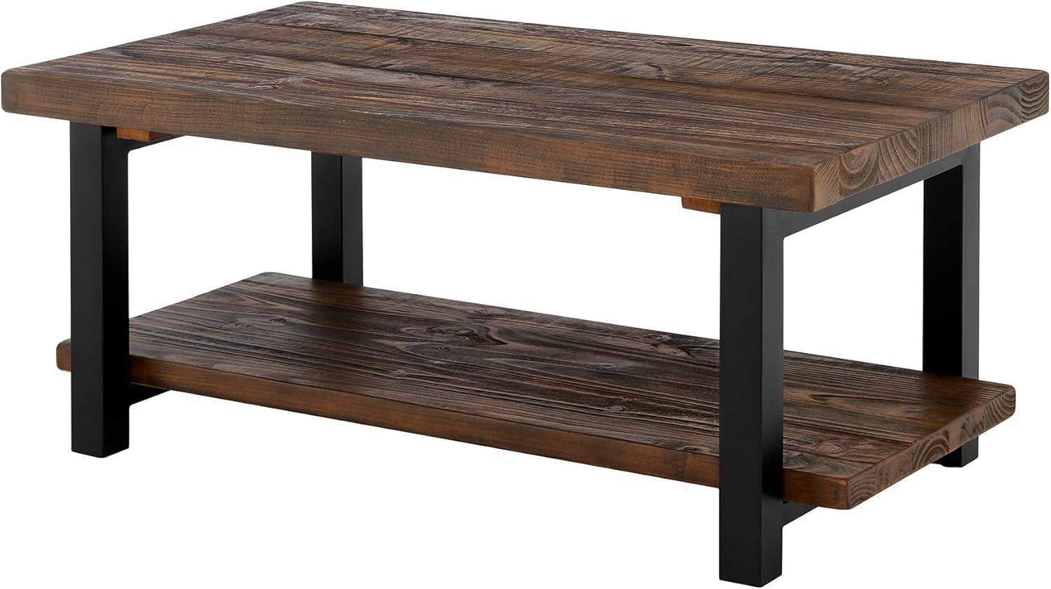 Alaterre Furniture 42" Pomona Wide Coffee Table Wood Rustic Natural: Fixed Shelf, Metal Frame, Living Room Furniture