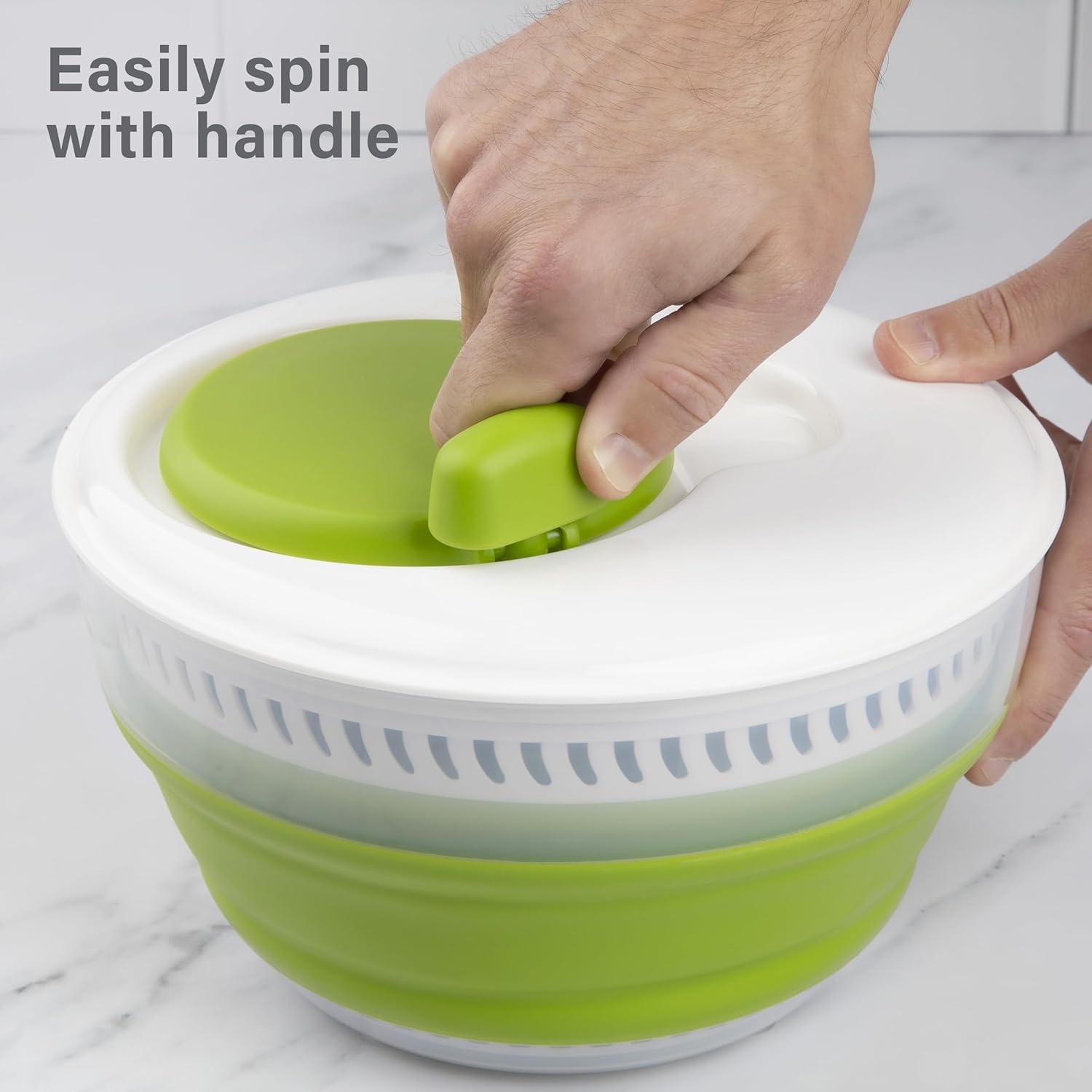 Prepworks Collapsible 3qt Salad Spinner: Dishwasher-Safe, Nonslip Base, Adjustable Handle, Green Lettuce Spinner