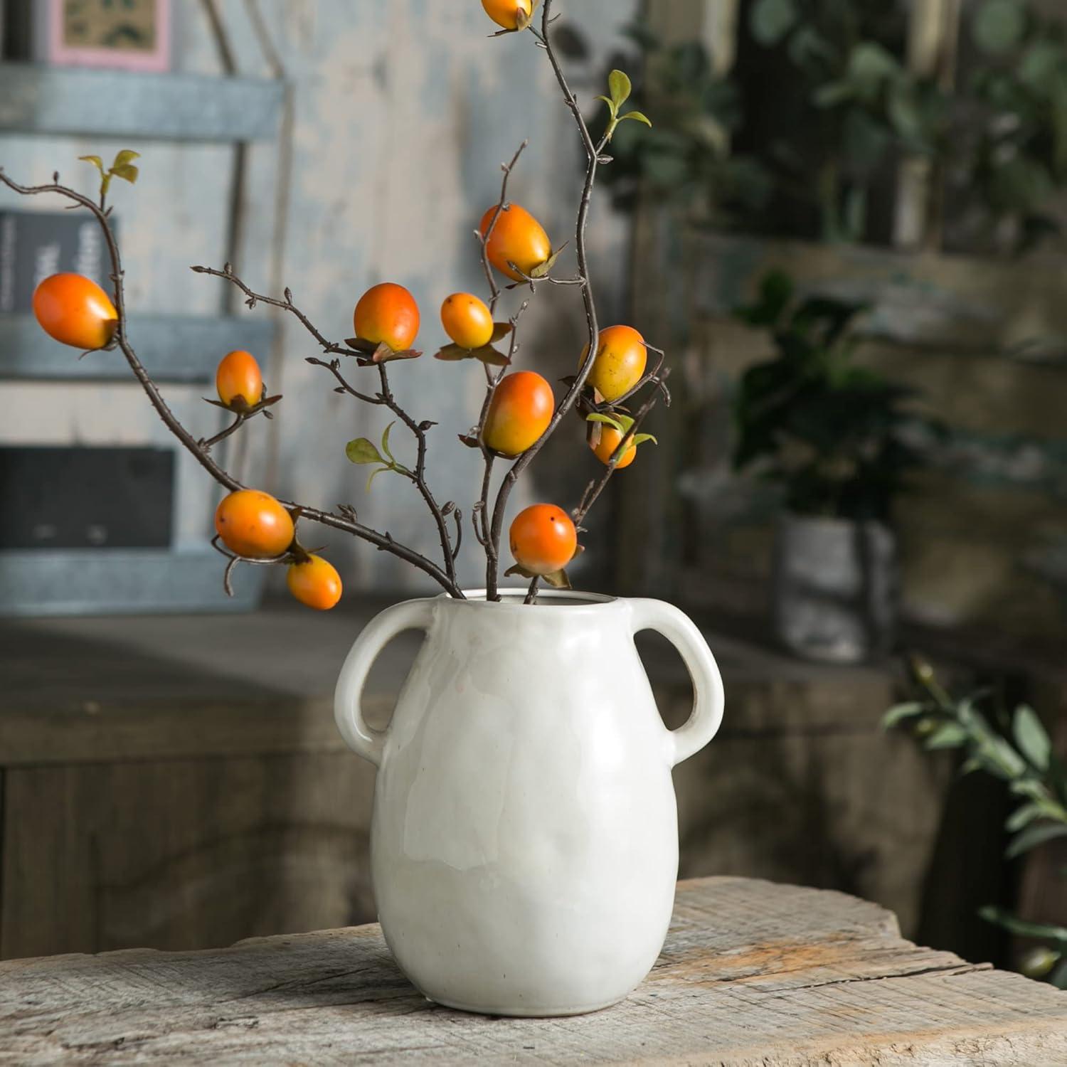 Grey Ceramic Vase with 2 Handles, Modern Farmhouse Vase for Home Decor, Rustic Terracotta Vase, Decorative Pottery Flower Vase, Clay Samll Vase, Centerpieces for Dining Table - 7 Inch Tall