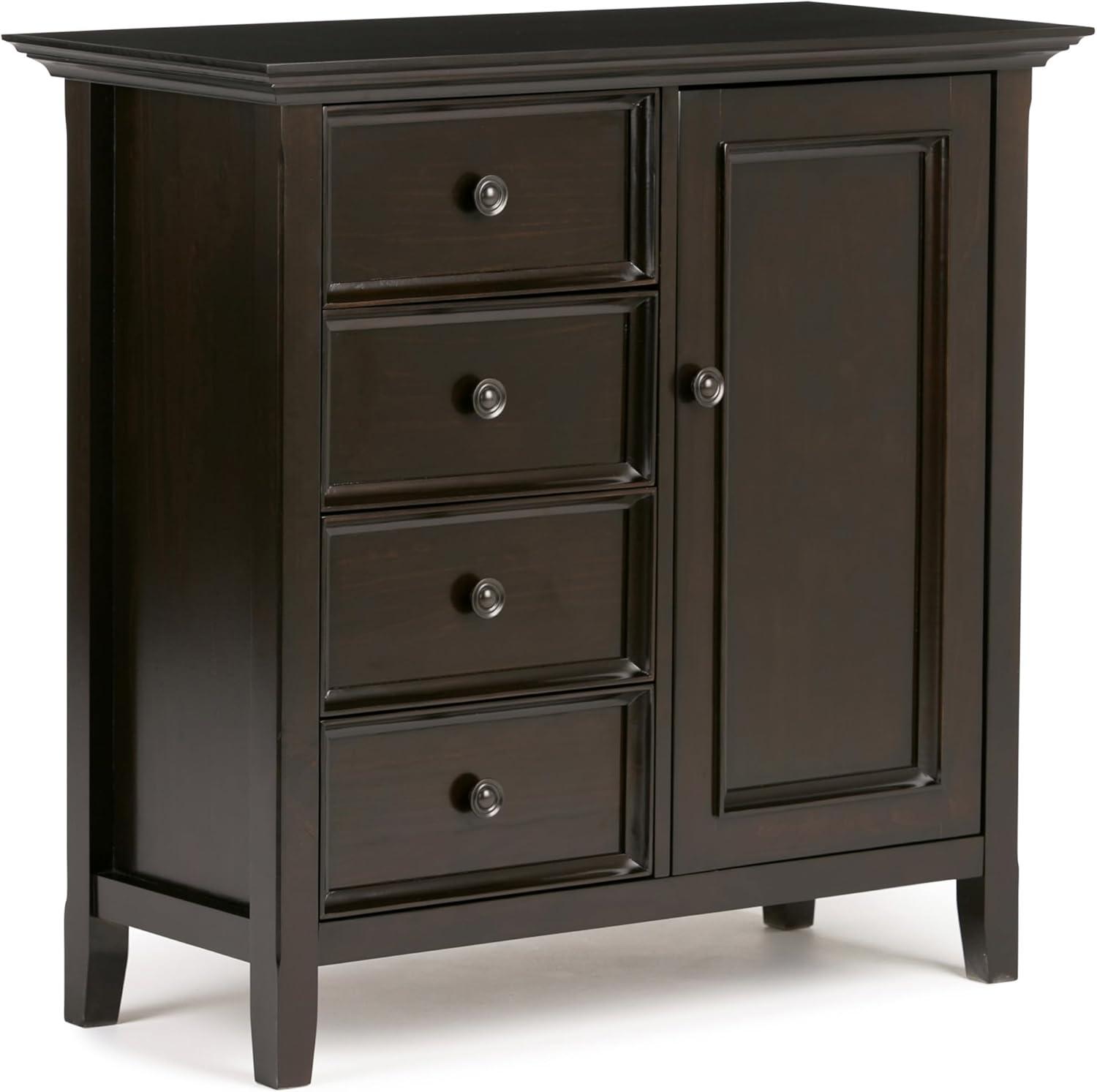 Simpli Home Amherst 32"W Solid Wood 2-Shelf Low Storage Cabinet with Adjustable Shelves and Tapered Legs