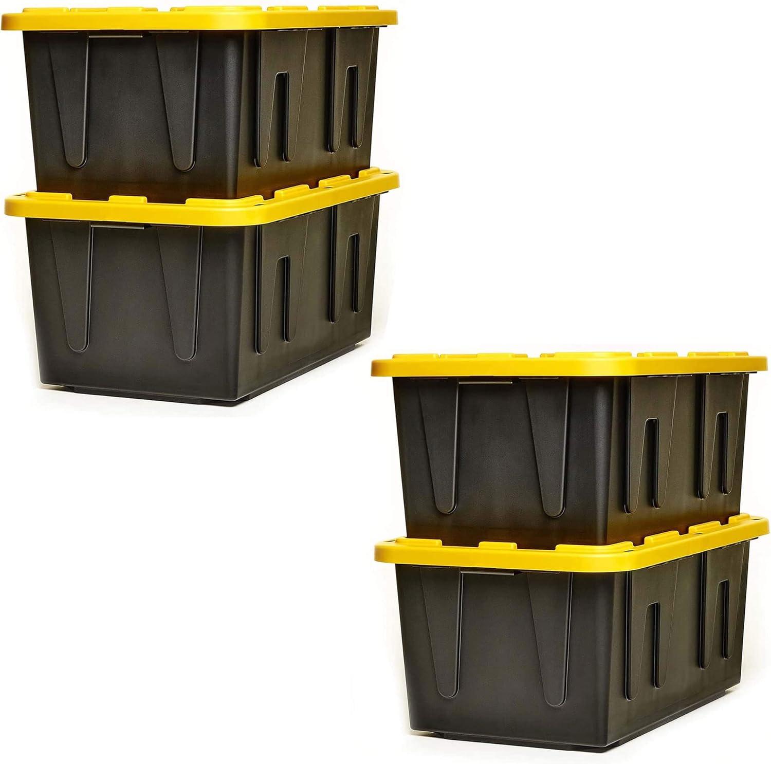 Homz Durabilt 27 Gallon Capacity Flip Lid Stackable Heavy Duty Tough Storage Container Tote, Black Base with Yellow Lid (2 Pack)