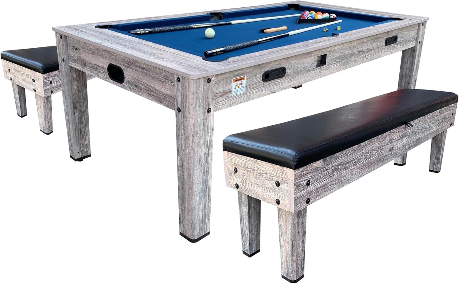 RACK Pool Tables Rack Luxor 7.5-Foot 4-In-1 Multi-Game Swivel Billiard/Pool Table (Blue Felt With 2 Bench)