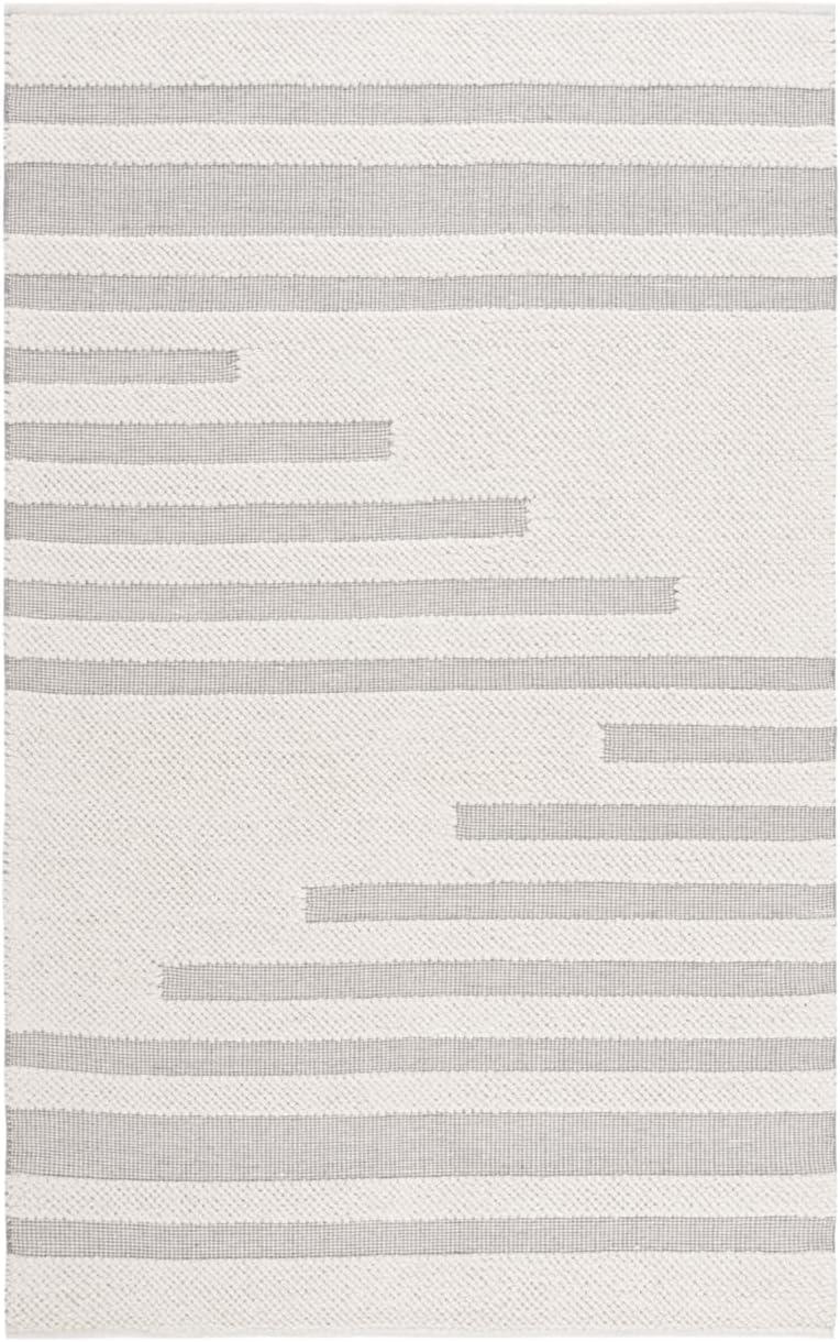 Ivory and Grey Handwoven Wool Striped Area Rug, 3' x 5'