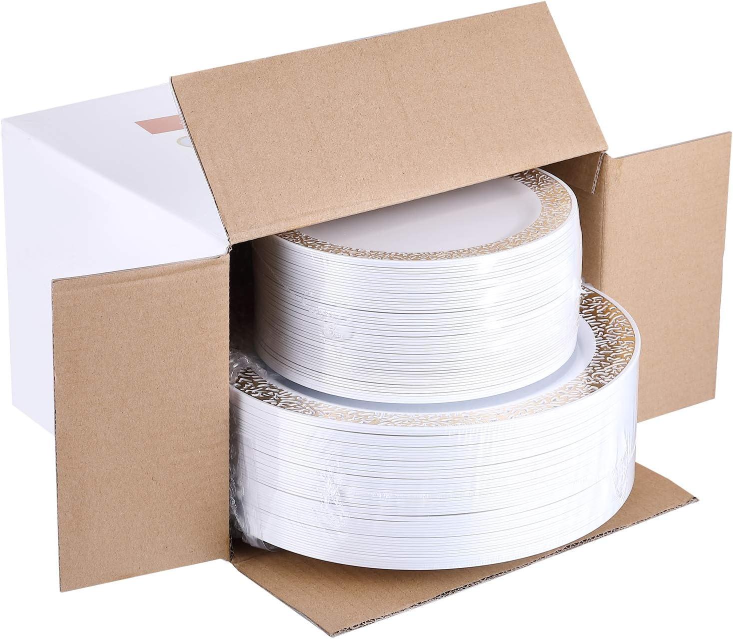 FOCUSLINE Gold Plastic Plates Set of 102, Disposable Plates with Gold Lace 51 Dinner Plate 10.25 Inch & 51 Salad Dessert Appetizer Plate 7.5 Inch, Elegant Fancy Heavy Duty Wedding Party Plates