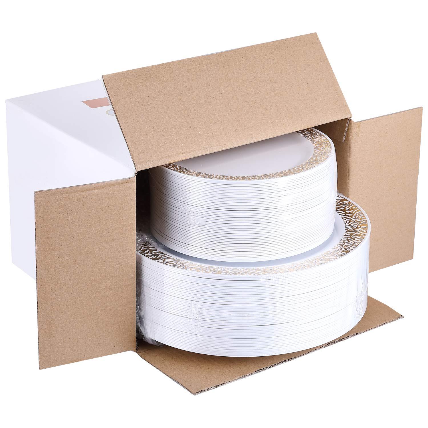 FOCUSLINE Gold Plastic Plates Set of 102, Disposable Plates with Gold Lace 51 Dinner Plate 10.25 Inch & 51 Salad Dessert Appetizer Plate 7.5 Inch, Elegant Fancy Heavy Duty Wedding Party Plates