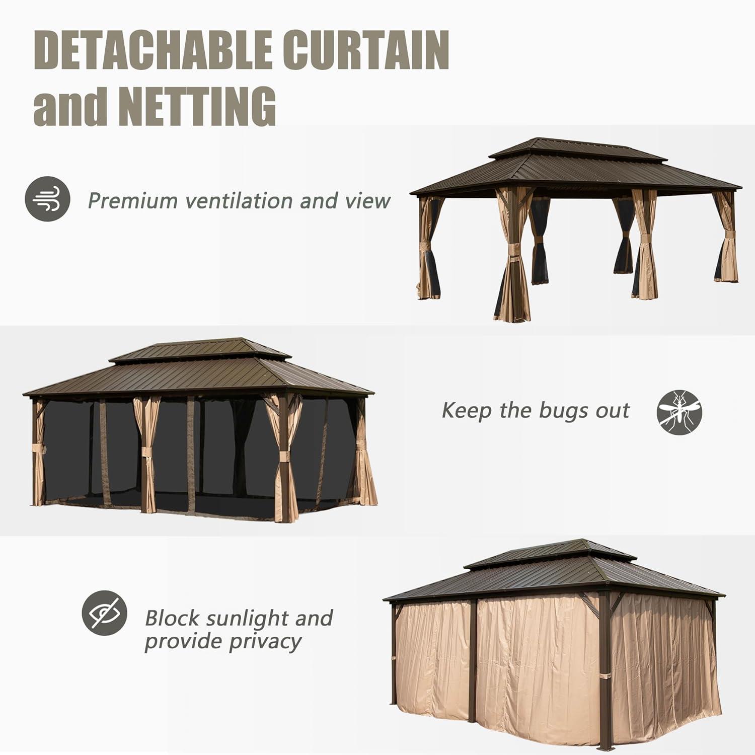 Domi 12' x 18' Dark Brown Aluminum Frame Gazebo with Netting & Curtains