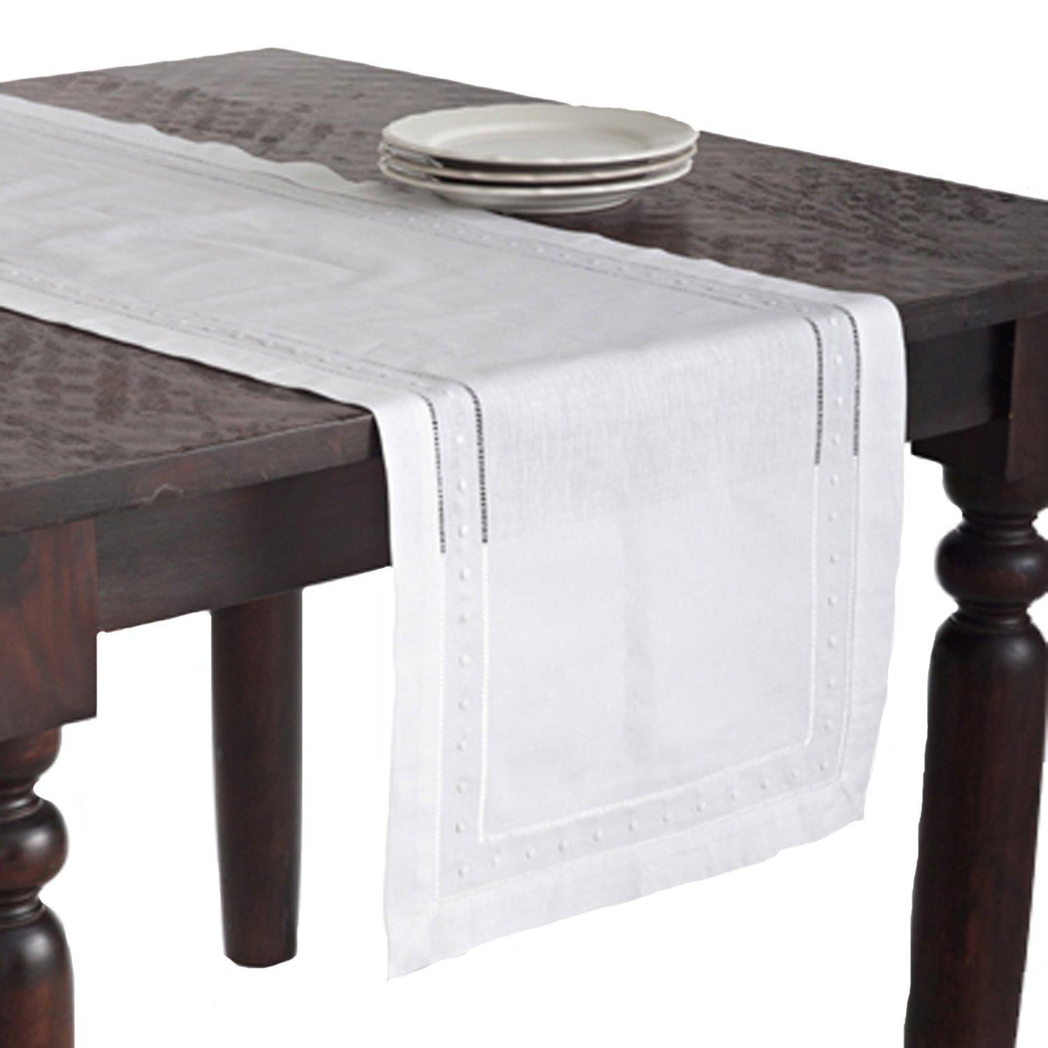 Saro Lifestyle Embroidered and Hemstitch Runner, White, 16" x 72"
