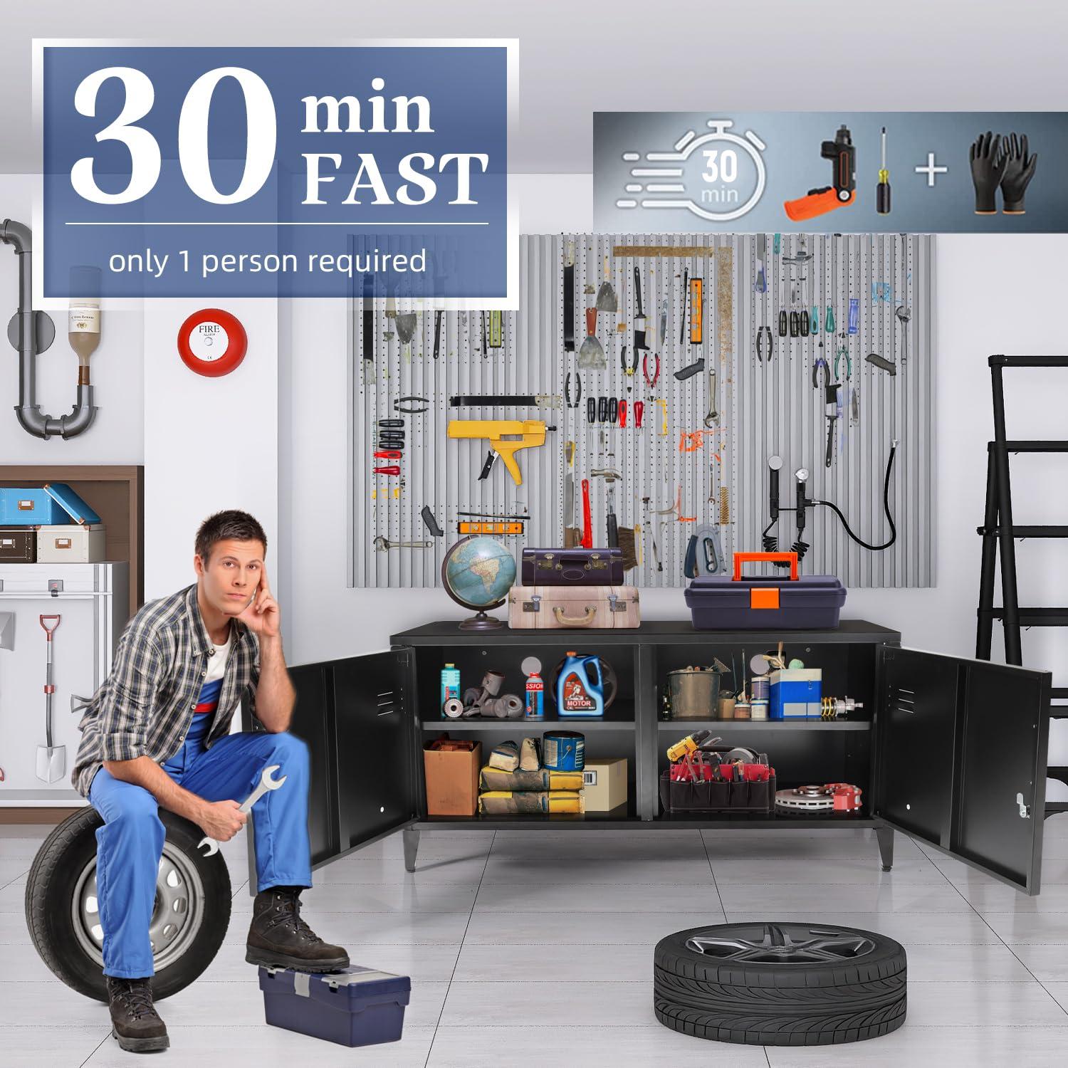 HOPUBUY Metal Storage Cabinet with Lock, Steel Locker Cabinet with Removable Shelves and 2 Locking Doors, Black Storage Cabinets for Home, Garage, Office, Bedroom