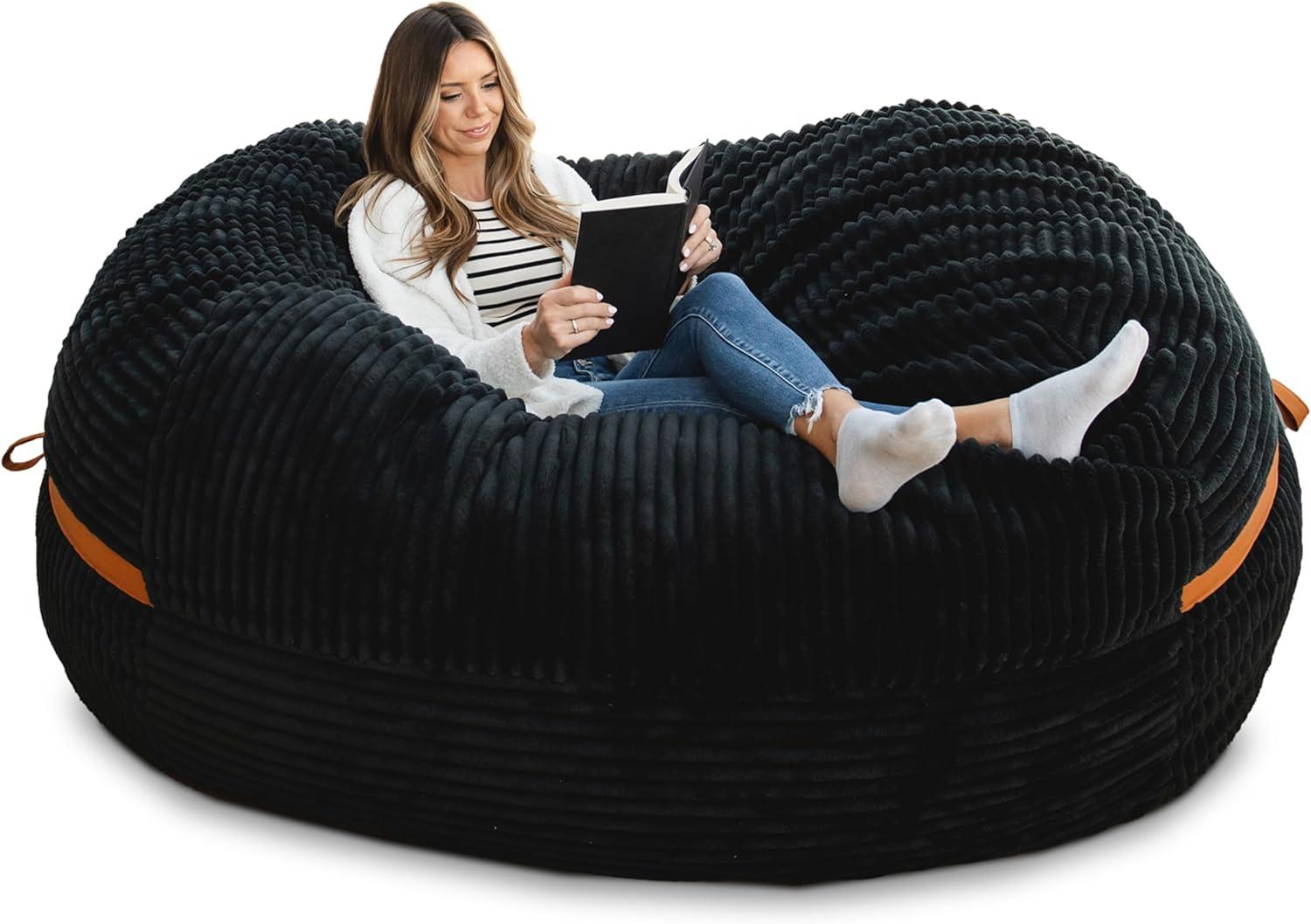 Big Joe Foam Filled Bean Bag Chair with Removable Cover, Corded Plush, Vegan Leather Accents, Medium to XXL Size