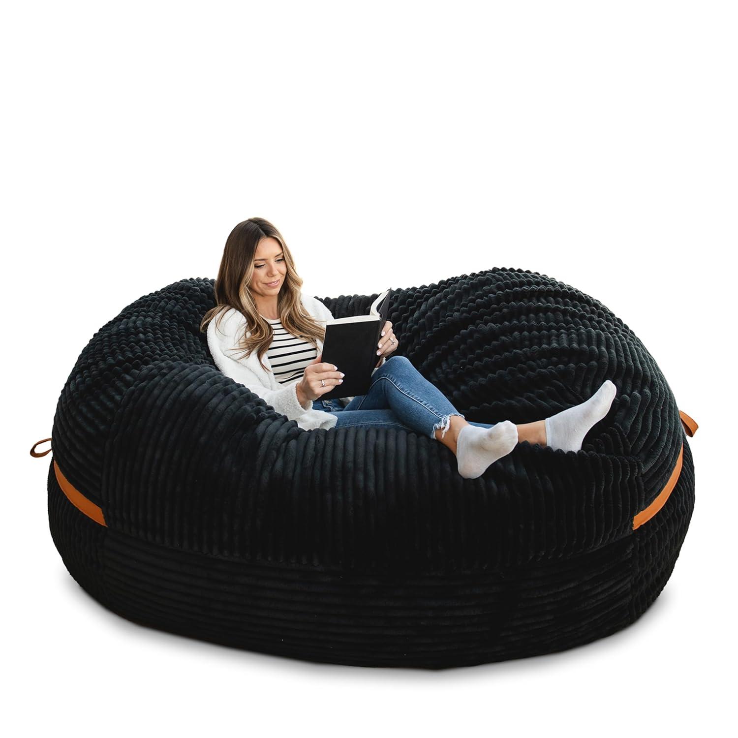 Big Joe Foam Filled Bean Bag Chair with Removable Cover, Corded Plush, Vegan Leather Accents, Medium to XXL Size