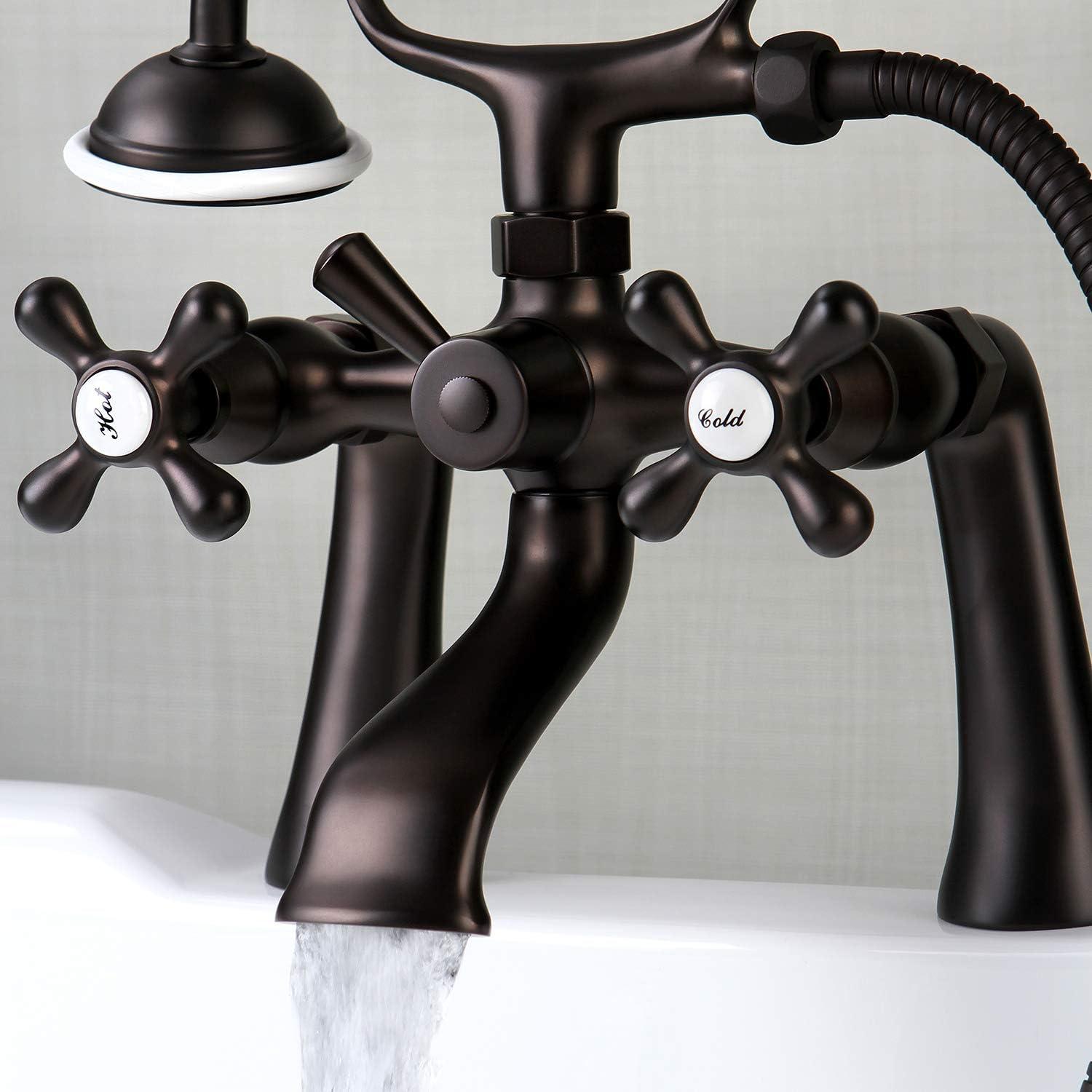 Kingston Brass Kingston Three-Handle 2-Hole Deck Mount Clawfoot Tub Faucet with Hand Shower