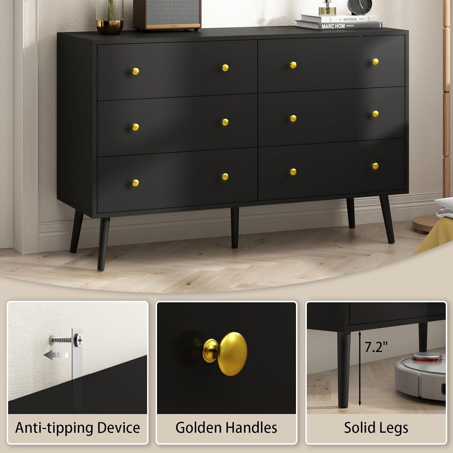 Black Dresser for Bedroom, Modern 6 Drawer Dresser, Wide Chest of Drawers with Gold Handles, Wood Double Dresser Storage Cabinet for Living Room, Bedroom, Hallway