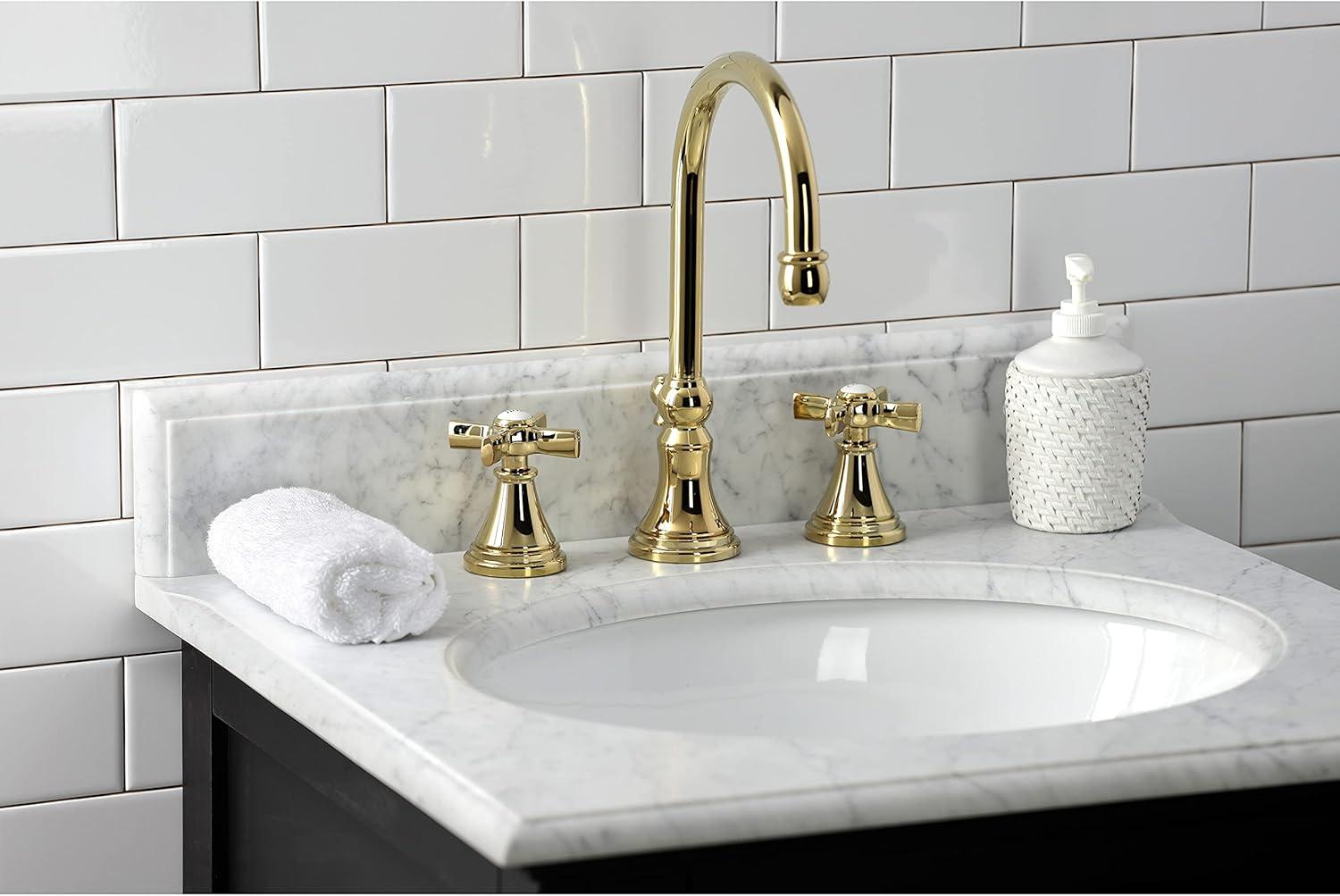 Kingston Brass Millennium Two-Handle 3-Hole Deck Mount Widespread Bathroom Faucet with Brass Pop-Up Drain