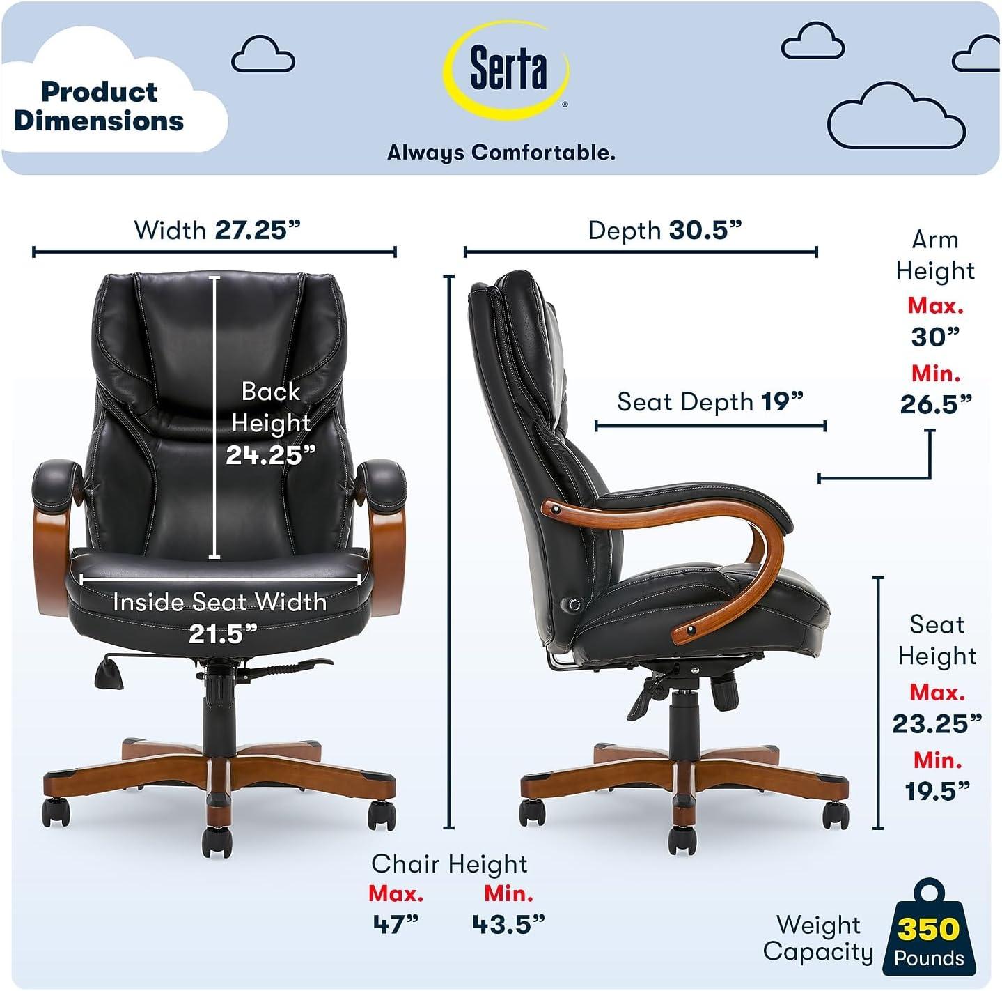 Executive Office Chair in Black Bonded Leather - Serta: High-Density Foam, Fixed Arms, Wood Frame