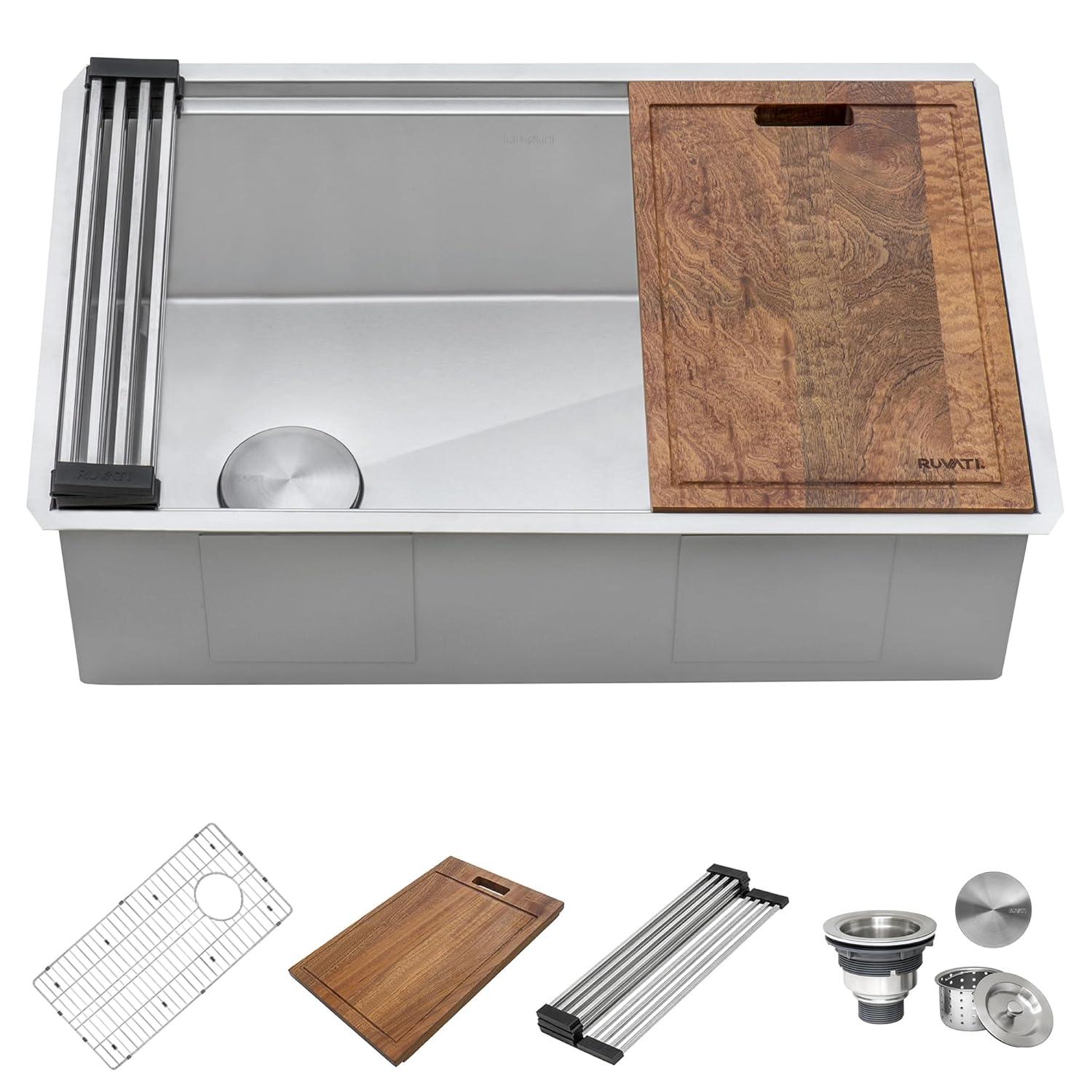 Ruvati 27-inch Workstation Slope Bottom Offset Drain Undermount 16 Gauge Kitchen Sink