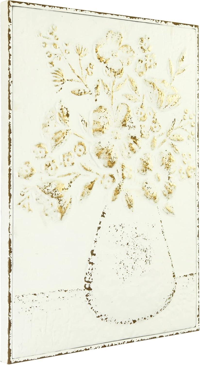 Embossed Metal Wall Art with Flowers in Vase