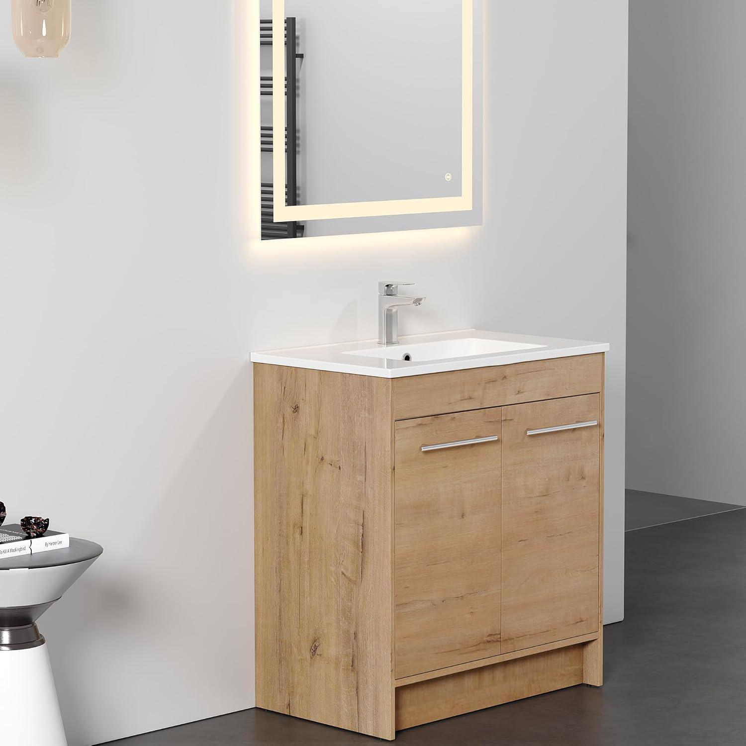 Natural Oak Freestanding Bathroom Vanity with Ceramic Sink, 30 Inch