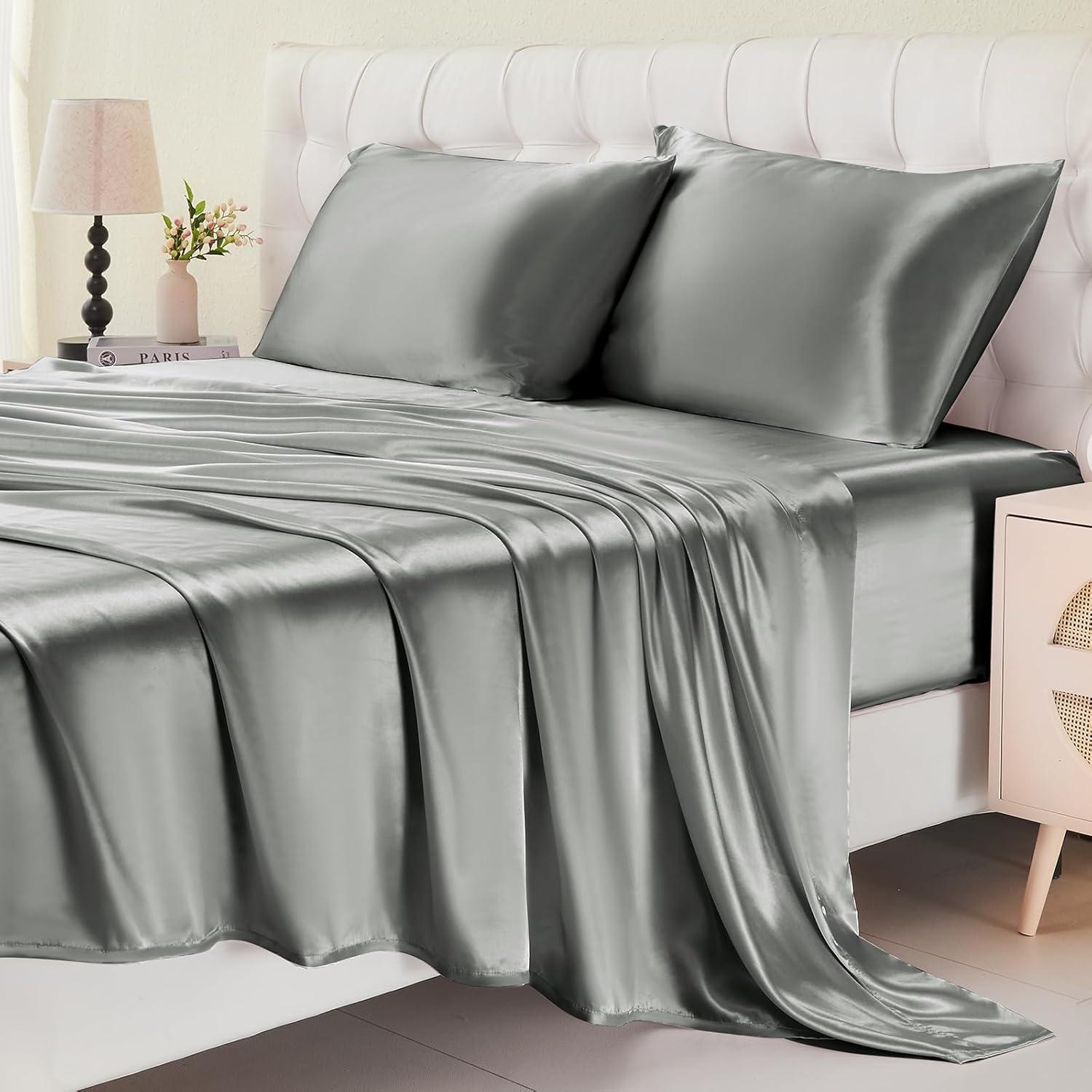 ANMINY Satin Sheets Queen Silk Sheets Gray Bed Sheet Set Deep Pocket Bed Flat Fitted Sheet, 4-Pieces