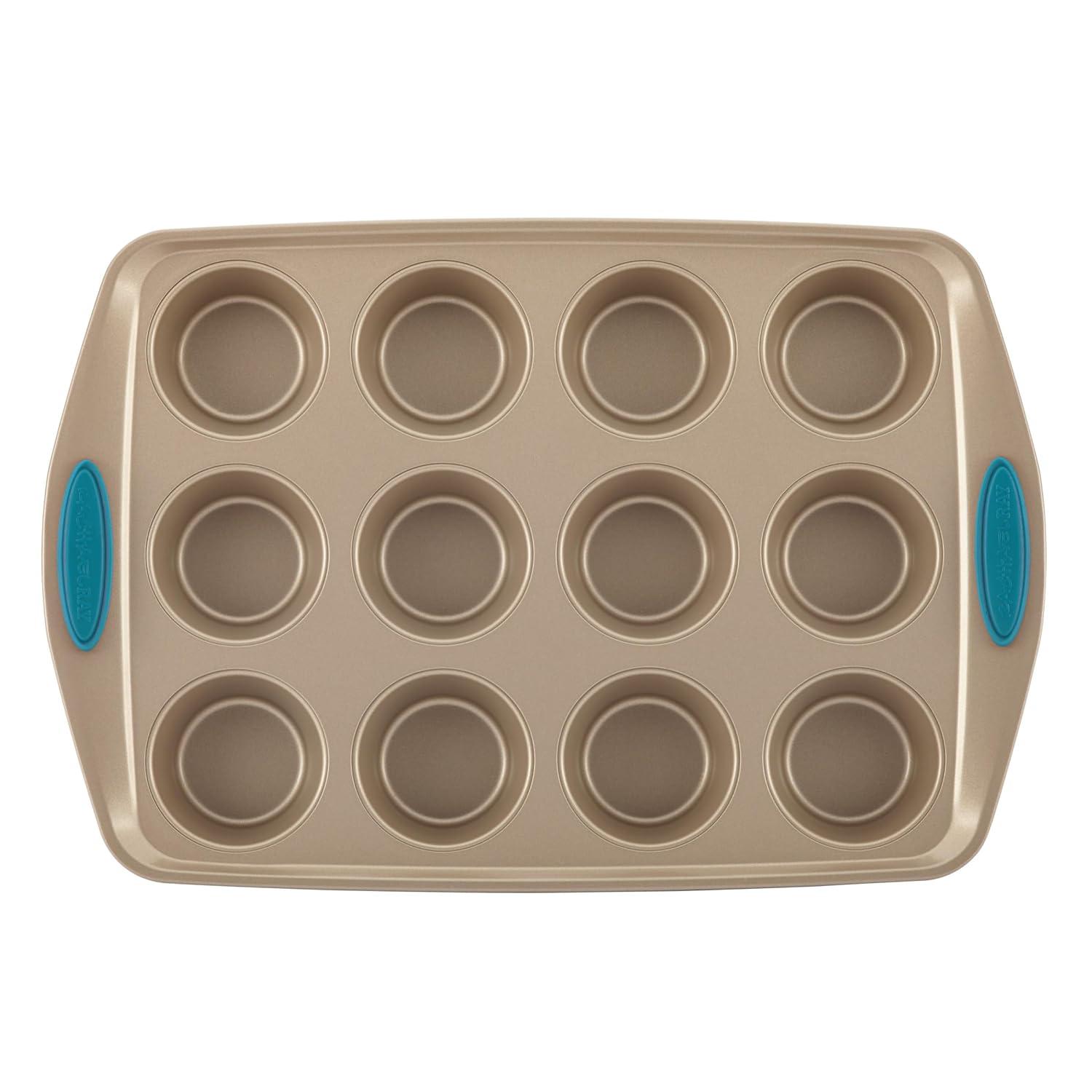 Rachael Ray 47578 Cucina Nonstick Bakeware Set with Grips Includes Nonstick Bread Pan, Baking Sheet, Cookie Sheet, Baking Pans, Cake Pan and Muffin Pan - 10 Piece, Latte Brown with Agave Blue Grips