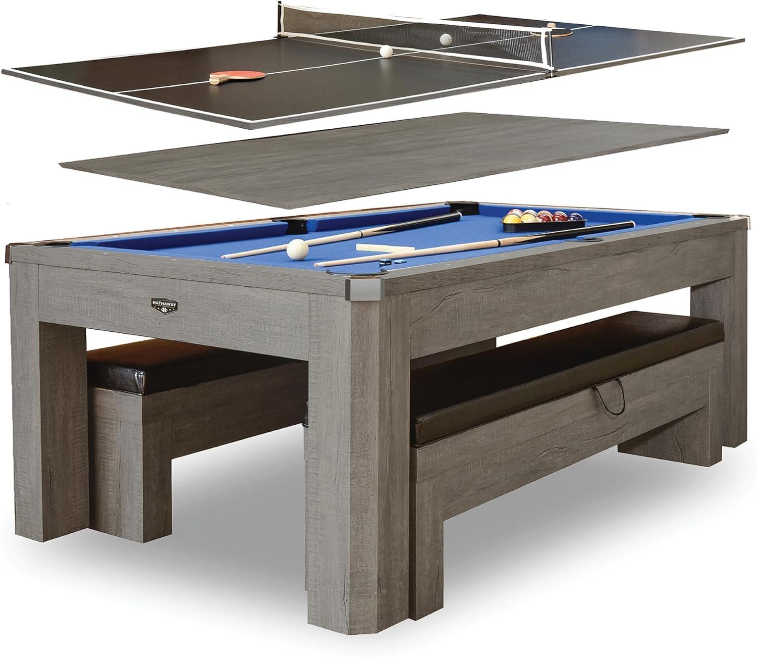 Hathaway Games Hathaway Newport Stylish 7 Ft Multi Game Pool Table Combo with Dining Top and Ping Pong – Includes Benches for Home Storage and Accessories