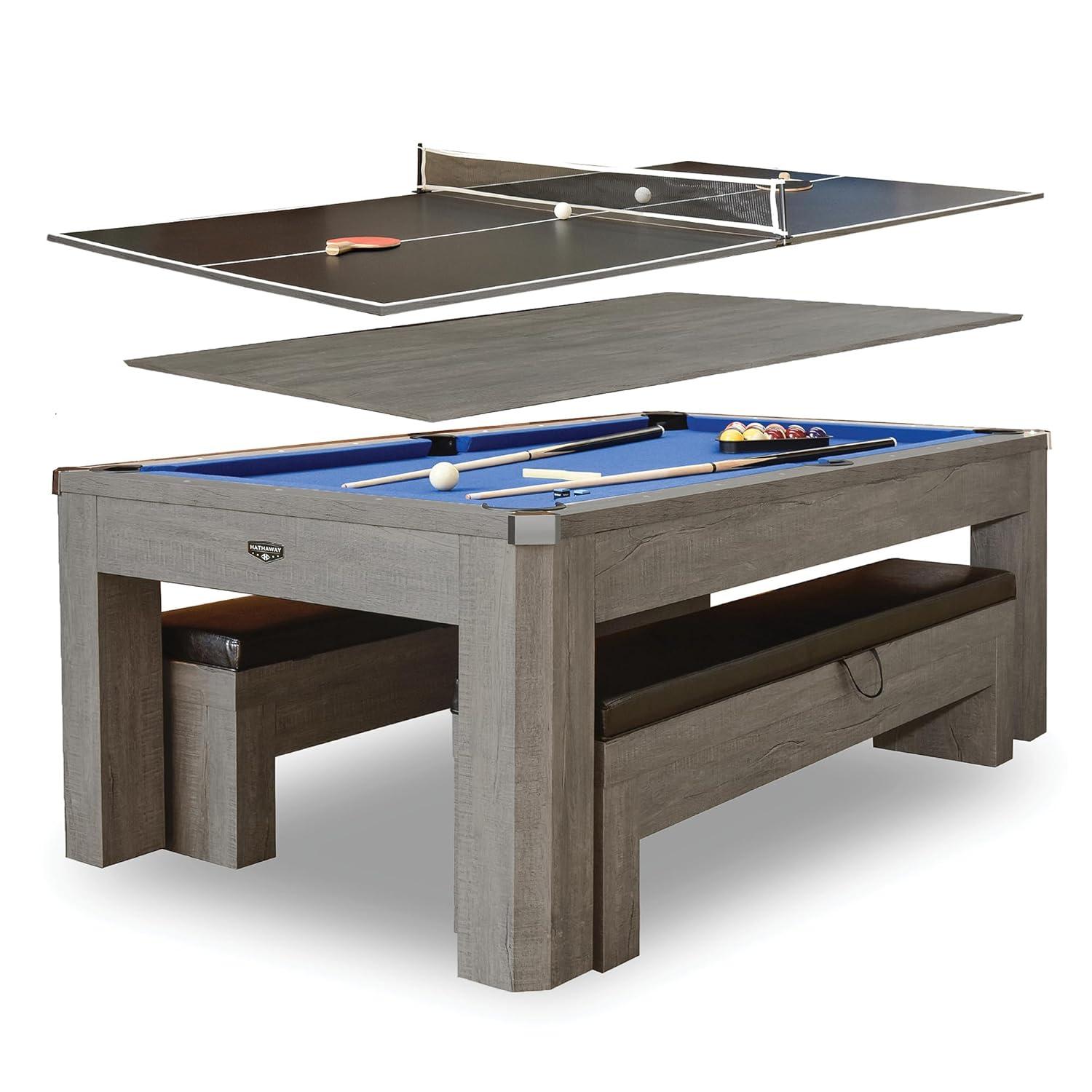 Hathaway Games Hathaway Newport Stylish 7 Ft Multi Game Pool Table Combo with Dining Top and Ping Pong – Includes Benches for Home Storage and Accessories