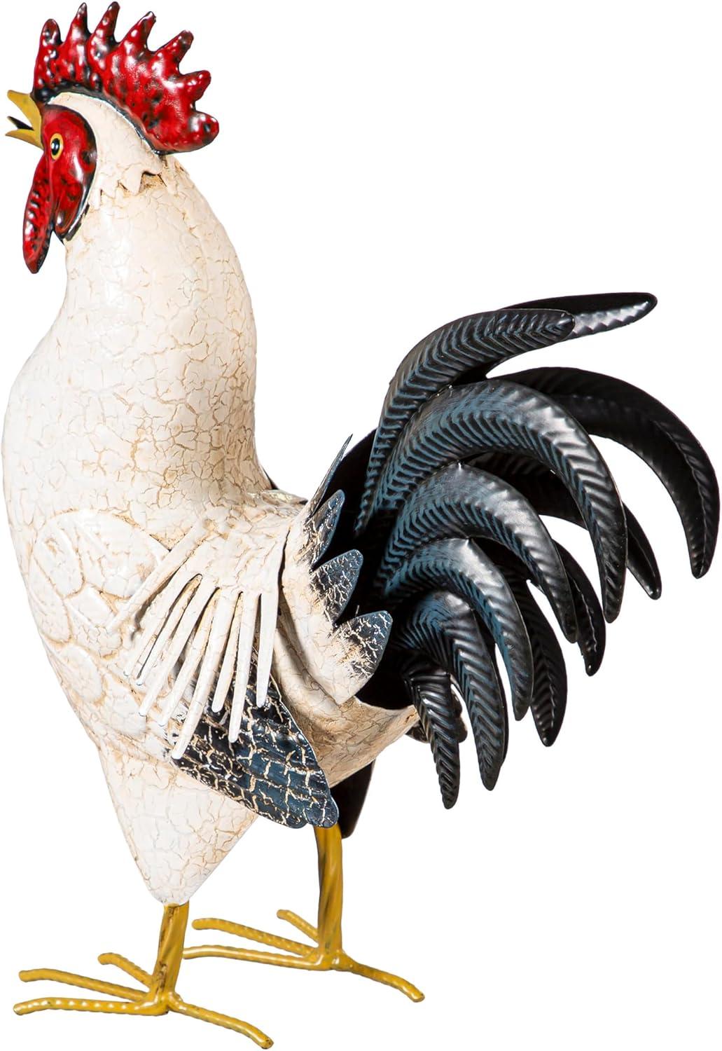 14 in. H Metal Rooster with Light Feathers Garden Statue