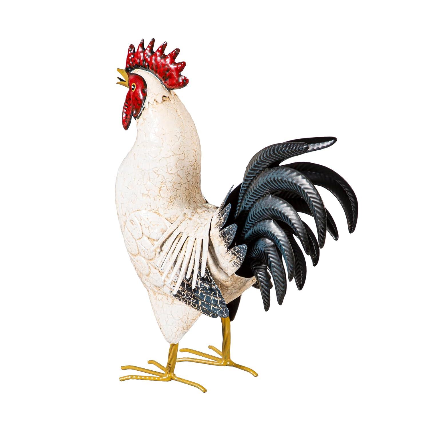 14 in. H Metal Rooster with Light Feathers Garden Statue