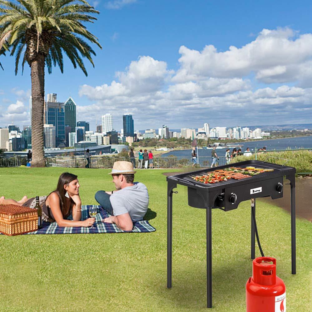 Hassch Outdoor Camp Stove Propane Gas Cooker Portable Cast Iron Patio Cooking Burner (Double Burner 150000-BTU), Black