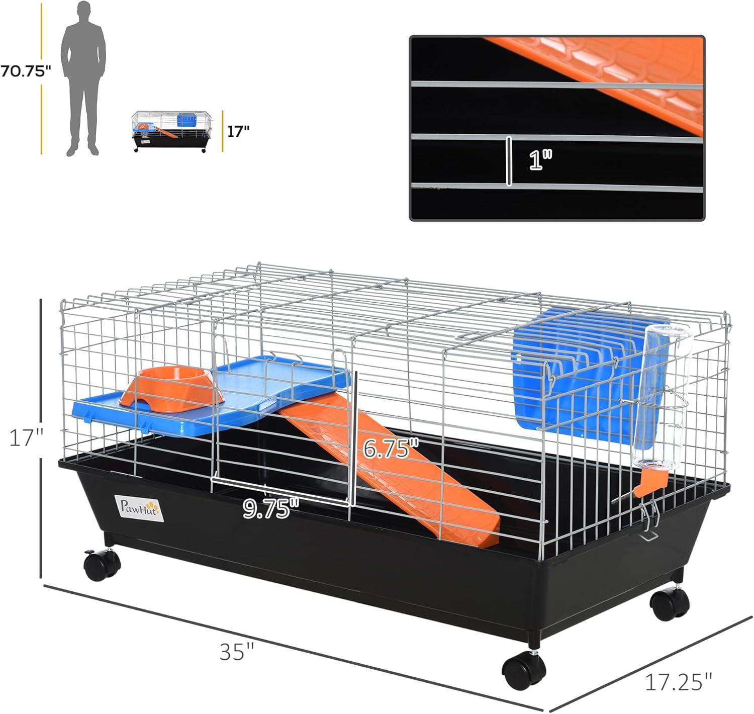 PawHut Small Animal Cage, Rolling Dwarf Bunny Cage, Guinea Pig Cage with Food Dish, Water Bottle, Hay Feeder, Platform, Ramp for Chinchilla