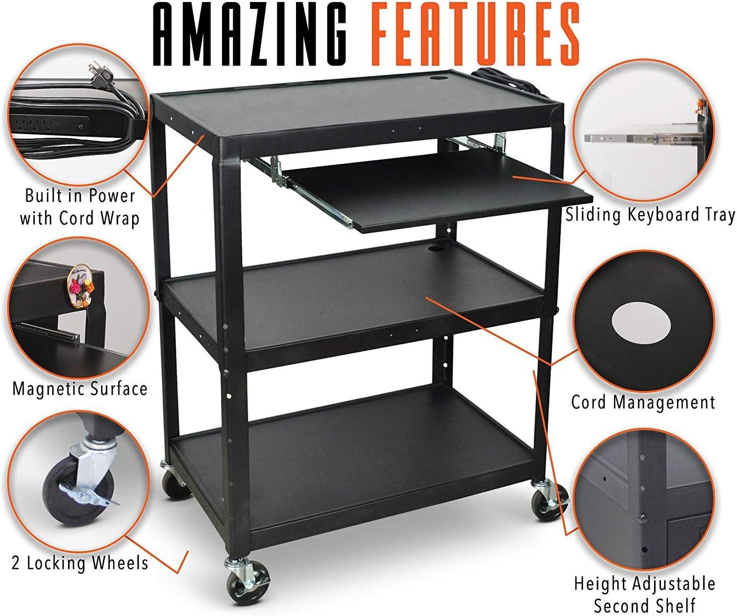 Line Leader Extra Wide AV Cart with Lockable Wheels - Adjustable Shelf Height - Includes Pullout Keyboard Tray and Cord Management (42 x 32 x 20 / Black)