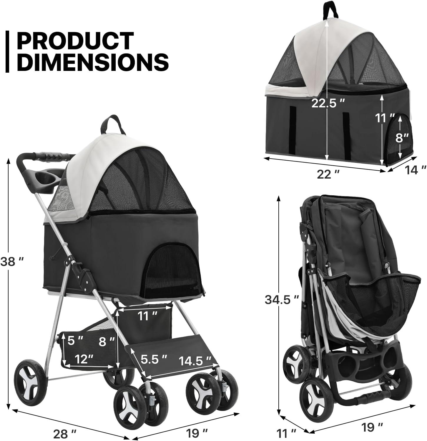 MoNiBloom Folding Pet Stroller, Foldable Dog Jogger Stroller with Detachable Carrier, Basket and Cup Holder