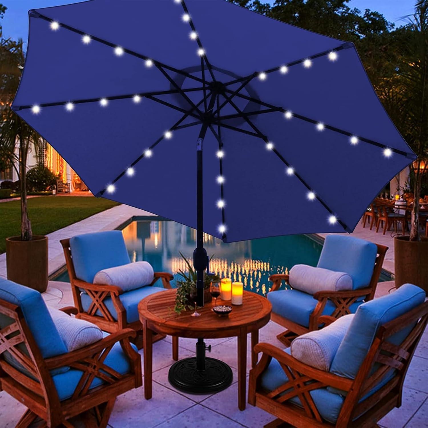 Navy Blue 9 ft Solar LED Lighted Patio Umbrella with Tilt and Crank