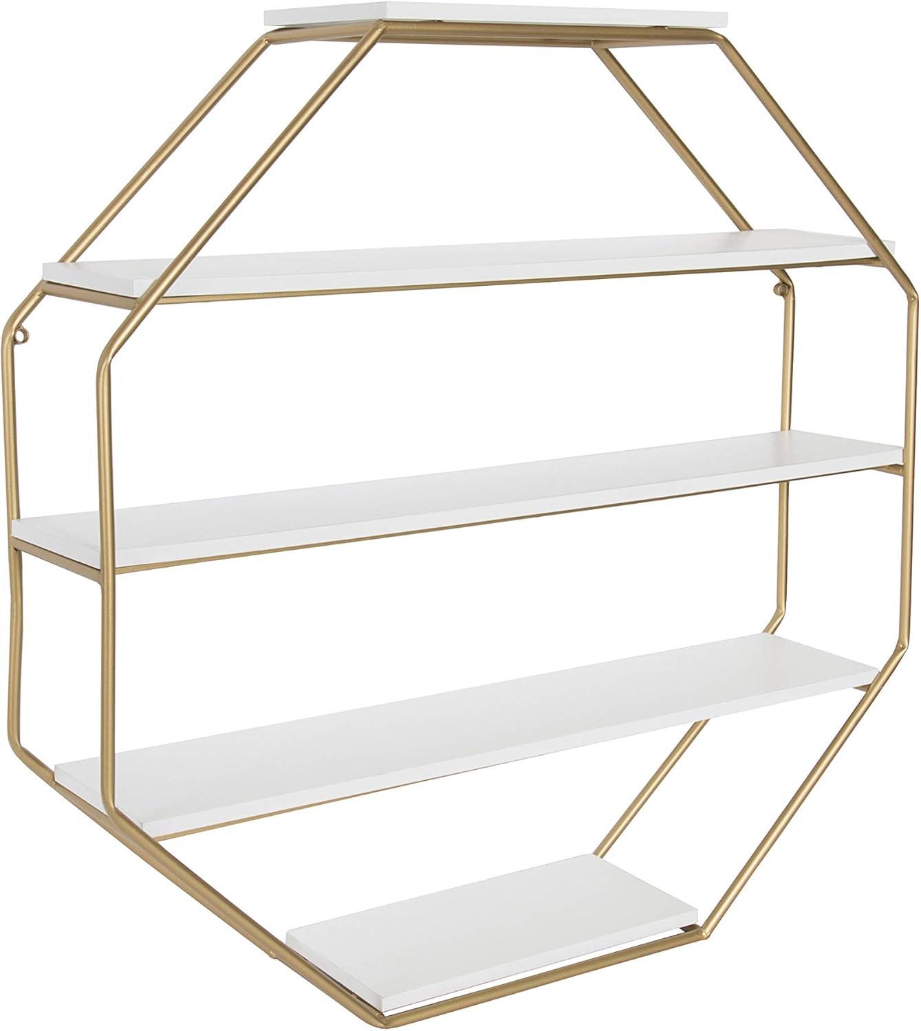 Kate and Laurel Lintz Large Modern Octagon Floating Wall Shelves with Metal Frame, Gold and White