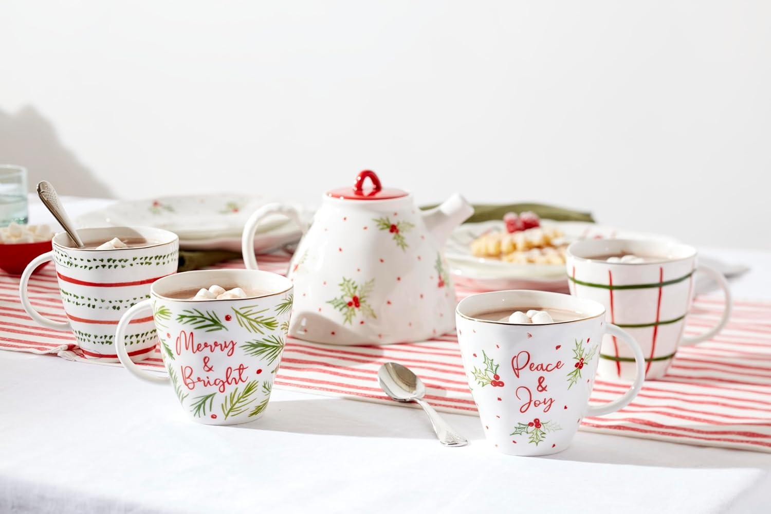 Ivory Ceramic Holiday Motif Mug Set, 12oz, Set of 4