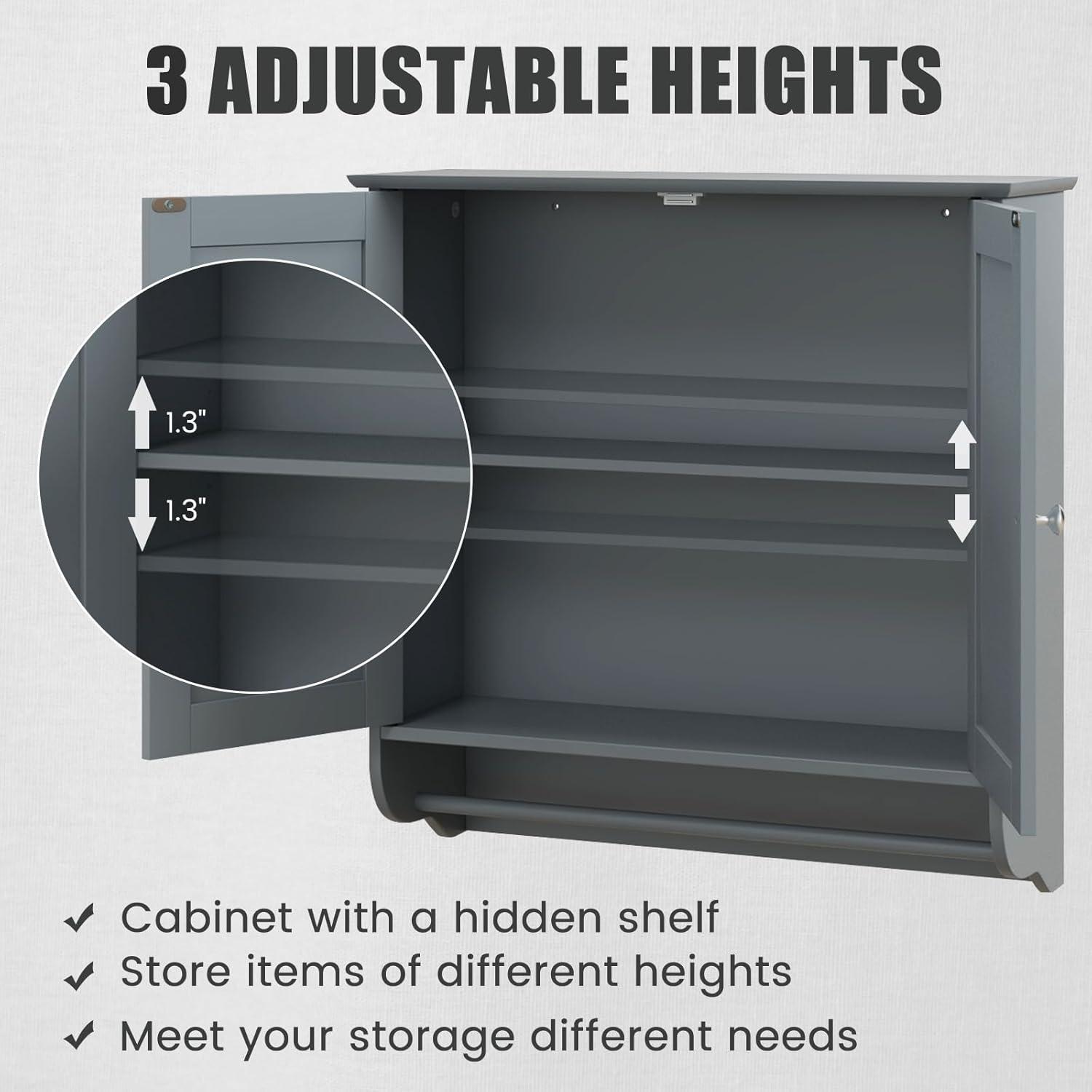 LOKO Wall Mounted Bathroom Cabinet with Towel Bar, Hanging Over The Toilet Storage Cabinet w/Adjustable Shelf, Medicine Cabinet Space-Saving Storage Organizer for Bathroom or Kitchen (Grey)