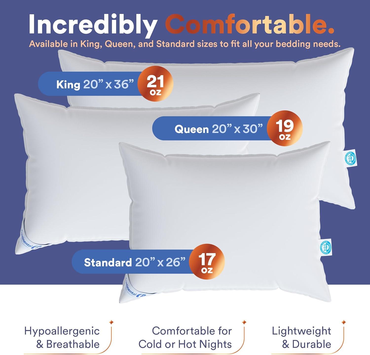 Continental Bedding Siberian 800FP 100% Goose Down Pillow Soft Support King Size Pack of 1