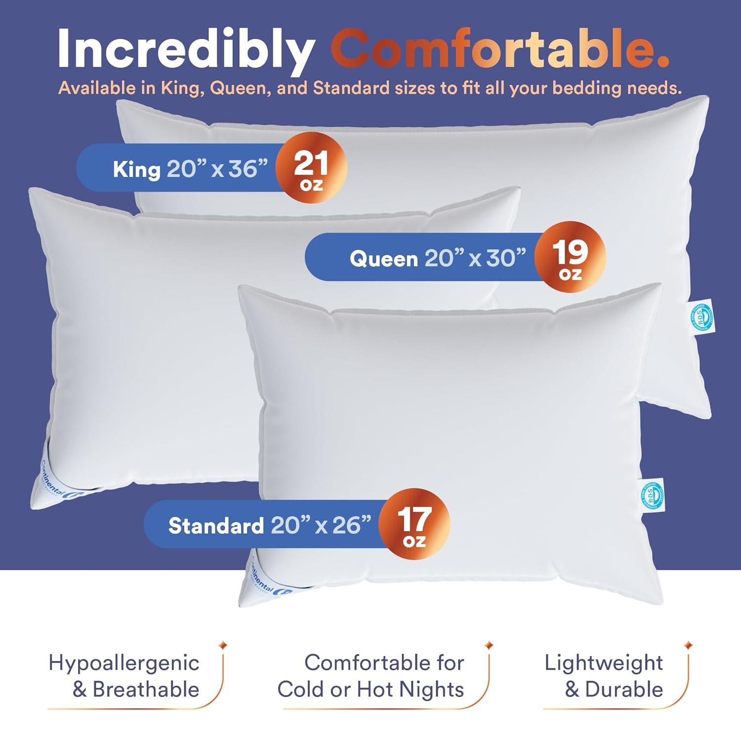 Continental Bedding Siberian 800FP 100% Goose Down Pillow Soft Support King Size Pack of 1