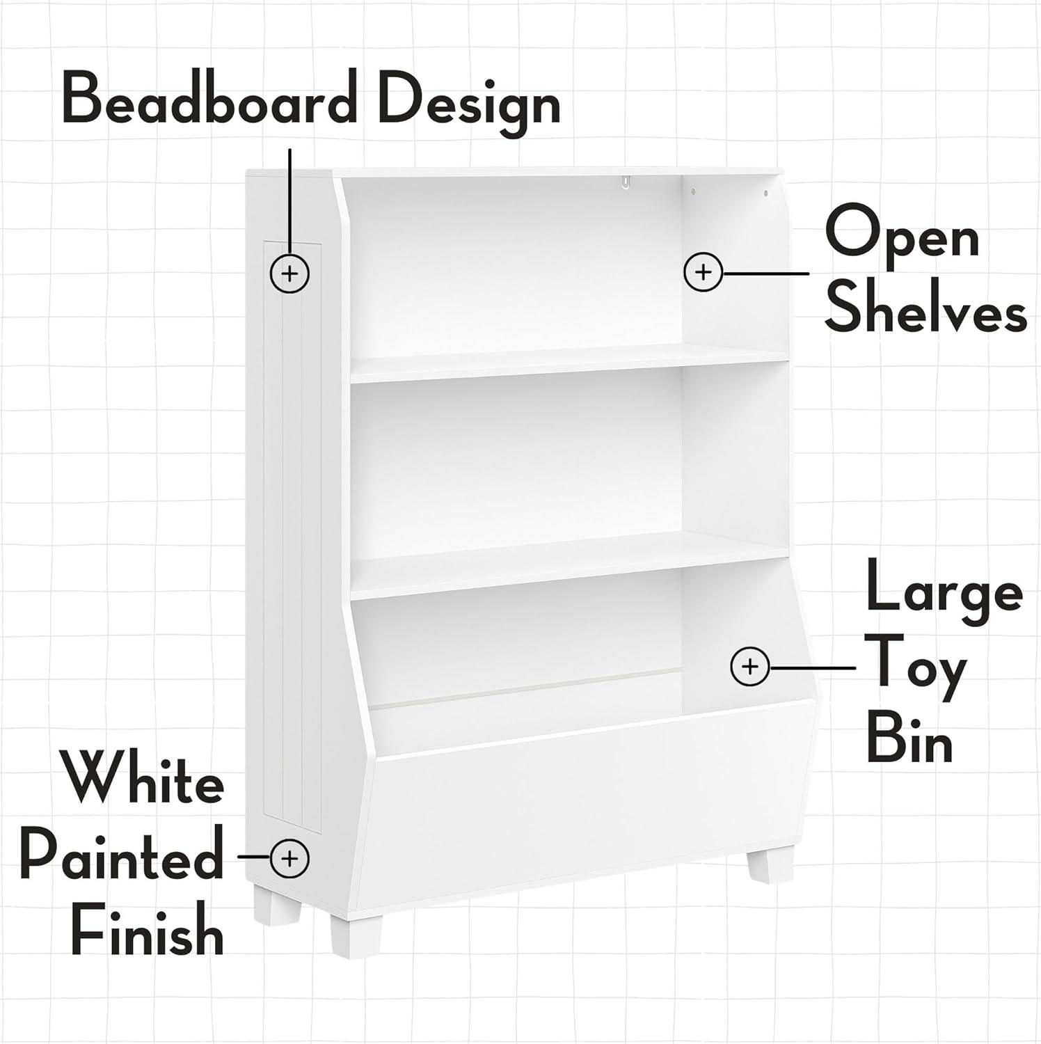 White Adjustable Kids Bookshelf with Toy Storage Bins