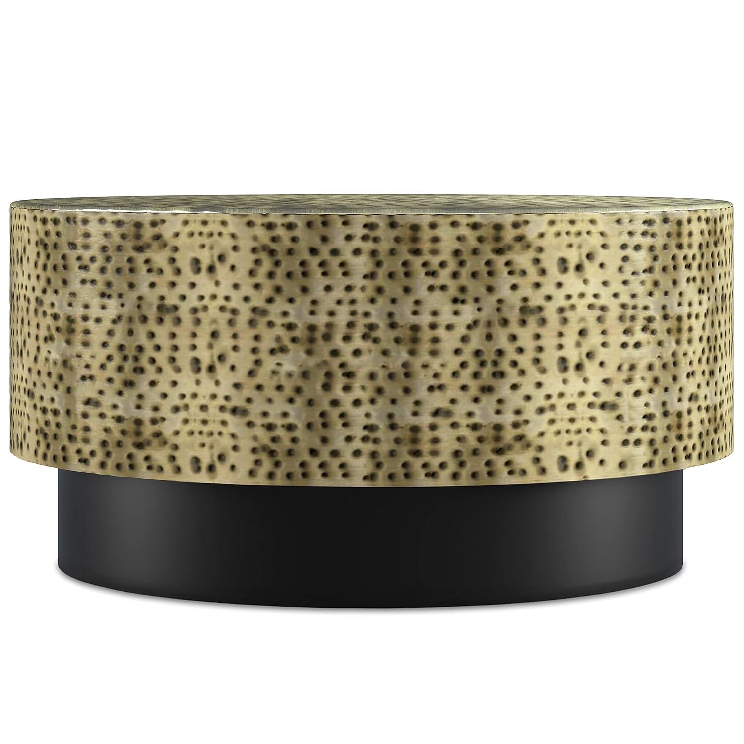 Simpli Home Montrose 30"W Antique Gold and Black Metal Modern Industrial Round Coffee Table with Hammered Texture, Fully Assembled