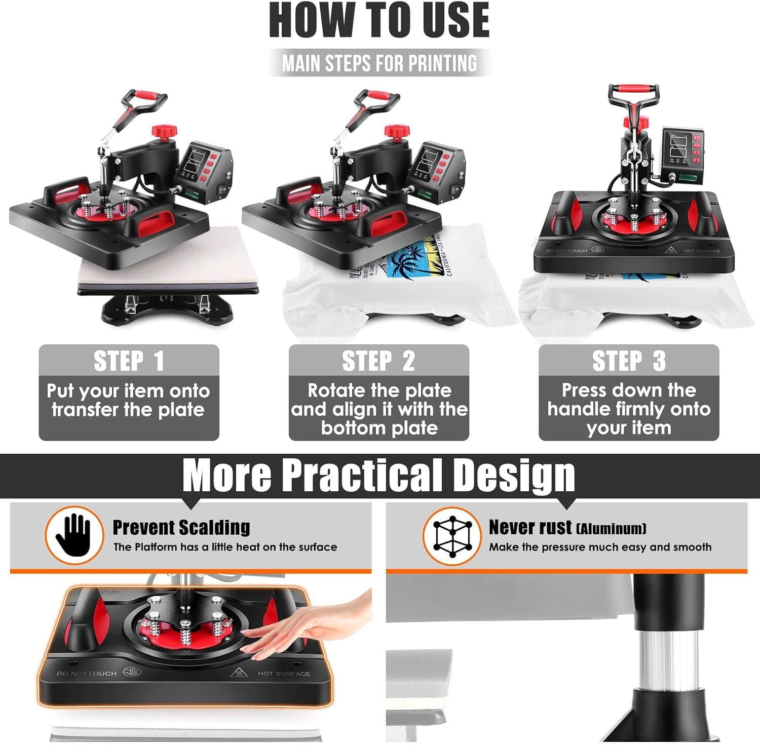 WHUBEFY Heat Press, 15x12 Inch 8 in 1 Shirt Press Multifunction Combo 360° Swing Away Digital Printing Heat Transfer Sublimation Machine Vinyl Heat Press Machine for T Shirts, Cap, Mug, Plate, DIY