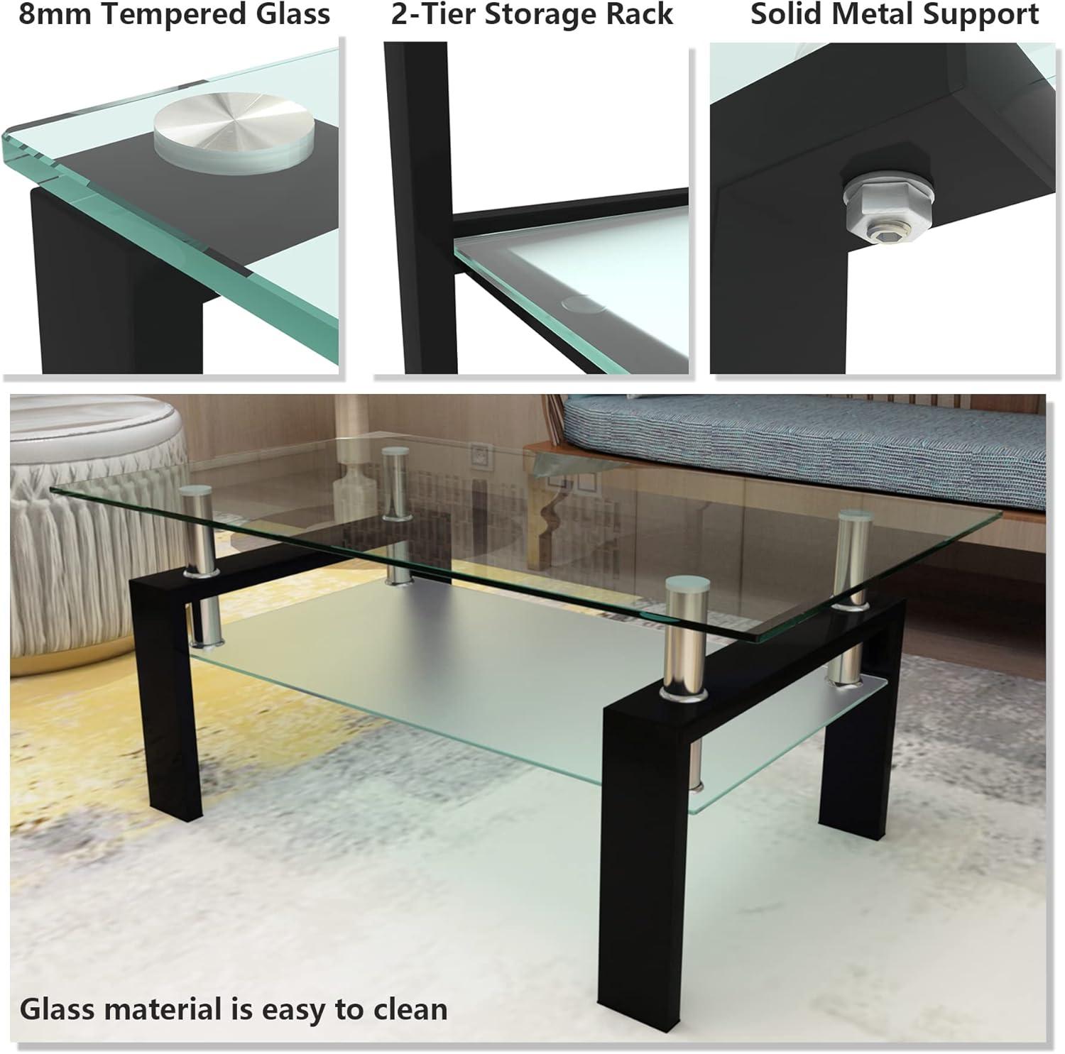 Glass Coffee Table Set of 3 Piece, Living Room Table Set of 3, Black Coffee Table and End Coffee Table Sets, Metal Frame (Black C, Set of 3)