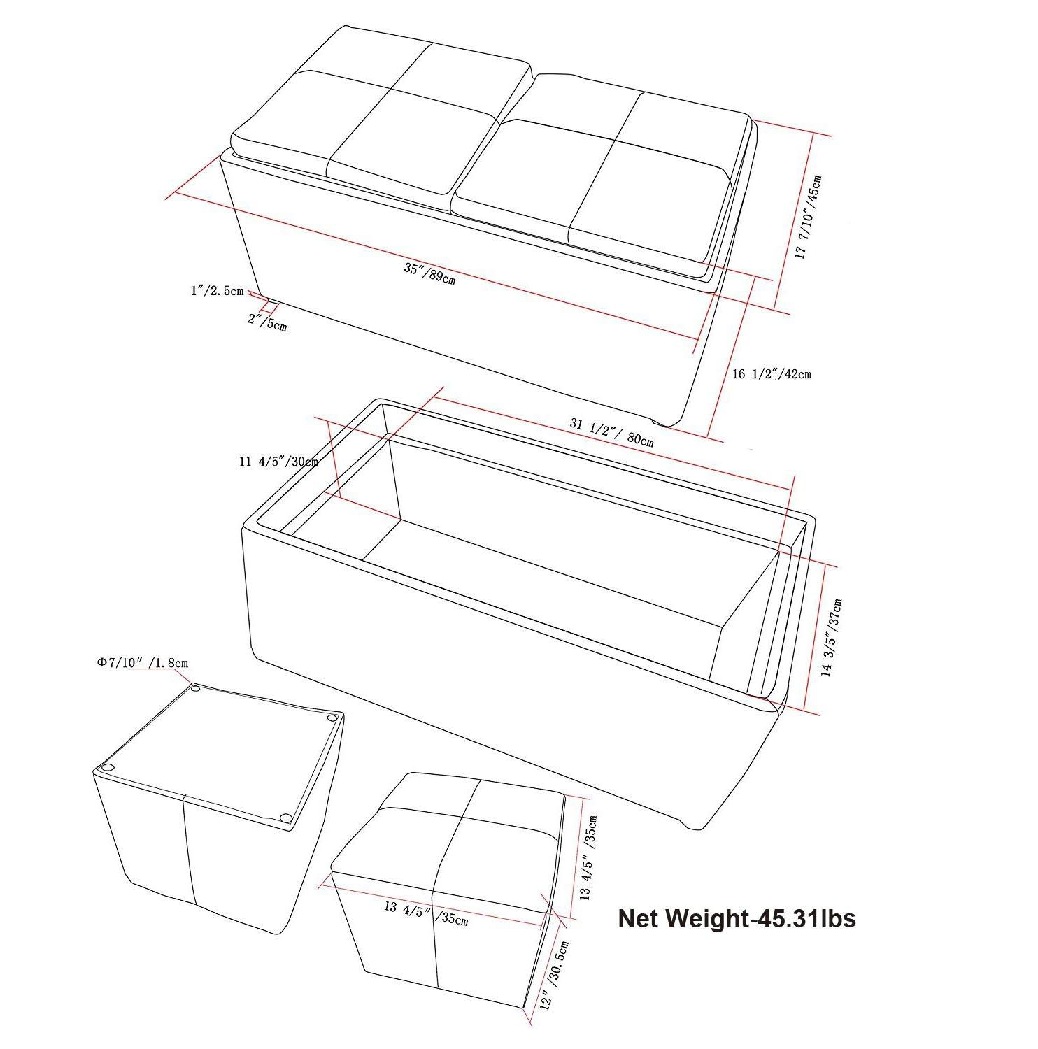 Simpli Home Avalon 35"W Upholstered Storage Ottoman Set with 5 Pieces and Flip-Over Serving Tray Lids
