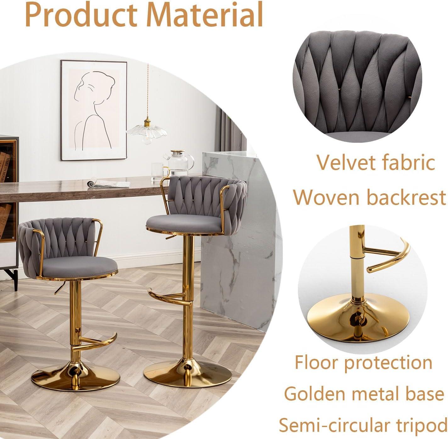 Velvet Bar Stools Set of 2, Counter Height Bar Stools with Low Back, Gold Swivel Barstools for Kitchen Island, Bar Pub (Grey)