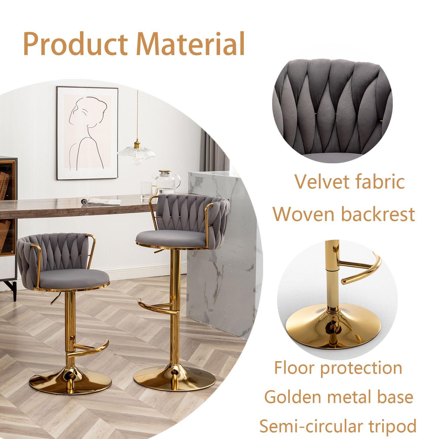Velvet Bar Stools Set of 2, Counter Height Bar Stools with Low Back, Gold Swivel Barstools for Kitchen Island, Bar Pub (Grey)